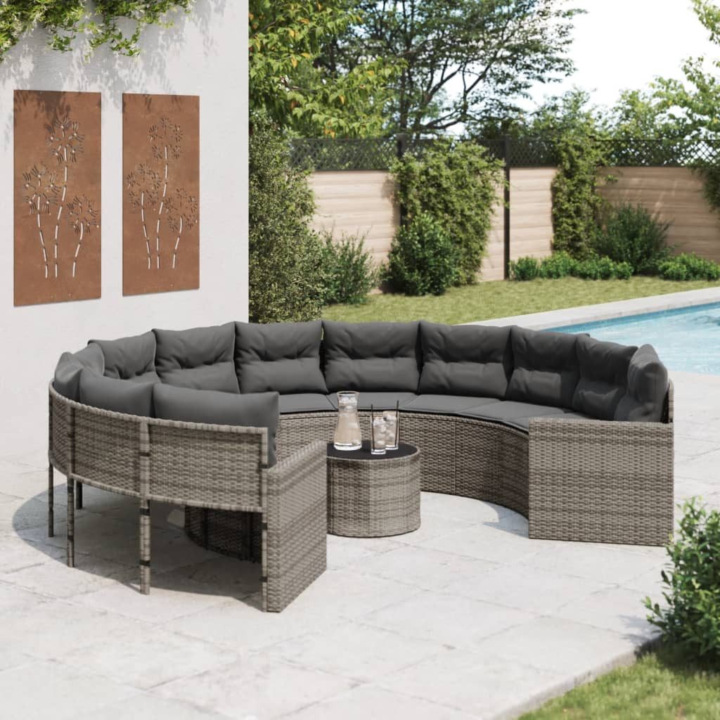 vidaXL Loungesofa Gartensofa mit Tisch und Kissen Rund Grau Poly Rattan, 1 Teile