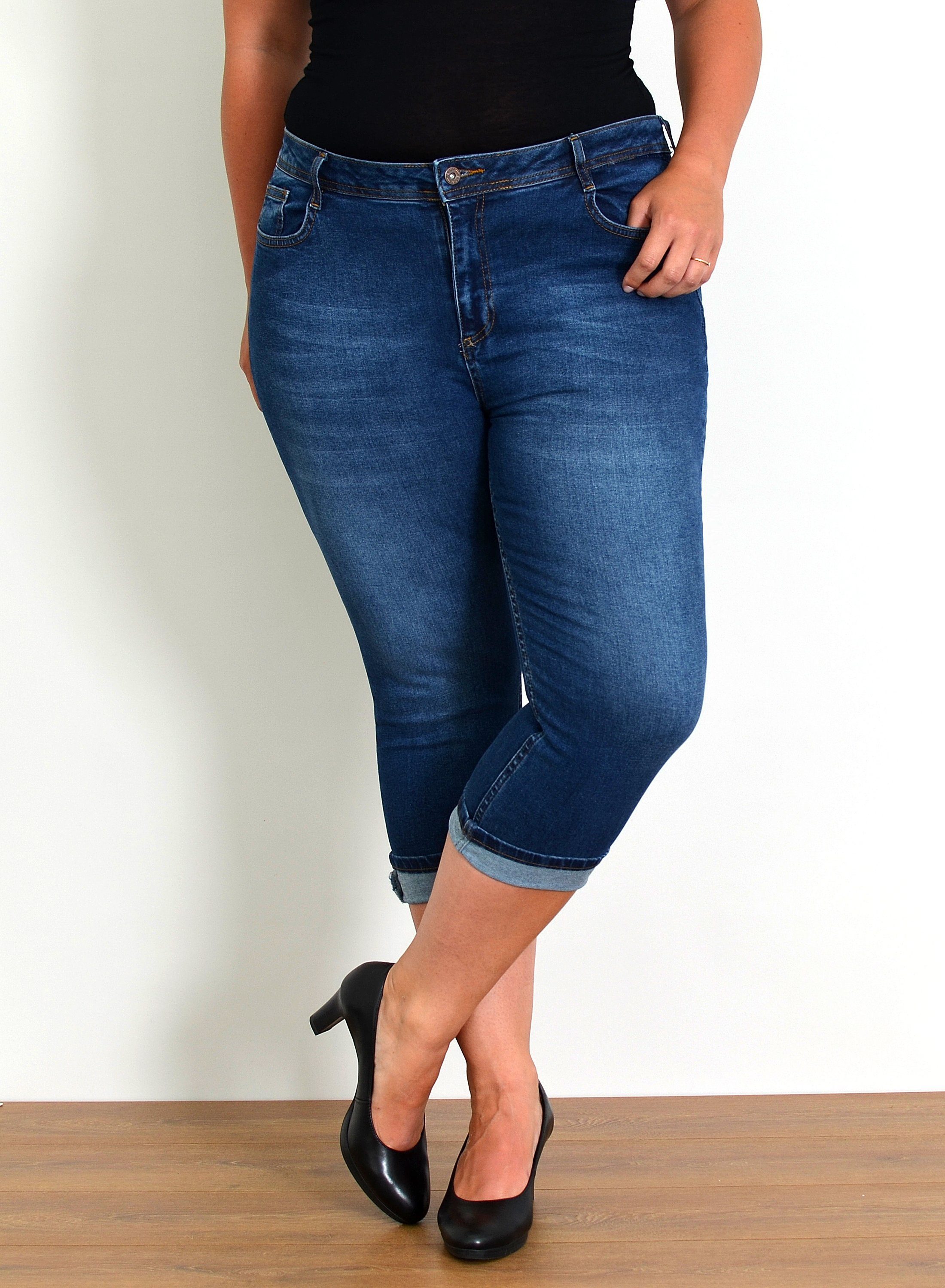 ESRA Caprijeans Capri Jeans Damen High Waist Hose 3 4 Jeans Damen Sommer bis Übergröße Sommer Damen Jeans Capri Hose Damen 3/4 Hose hoher Bund Große Größe