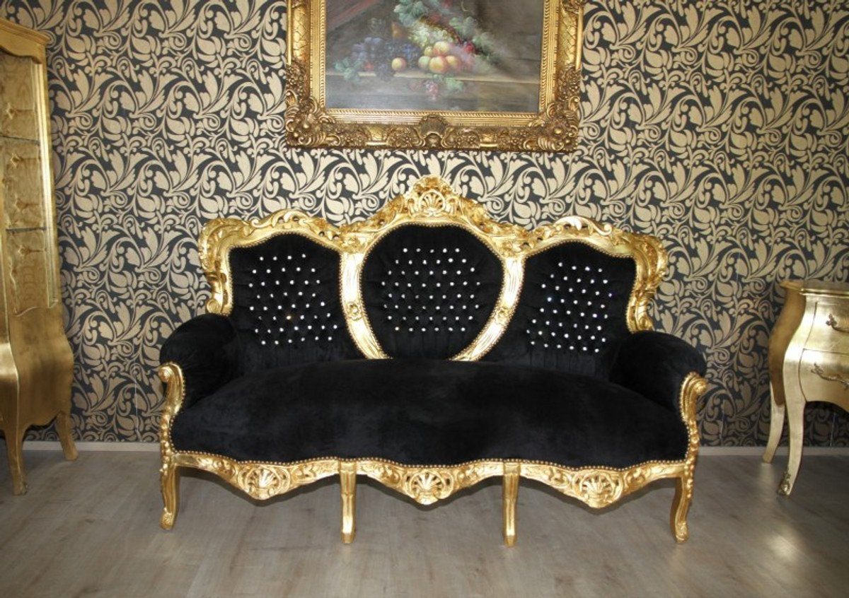 Casa Padrino 3-Sitzer Barock Sofa Möbel 3er "King" Glitzersteinen Schwarz/Gold mit Bling Bling