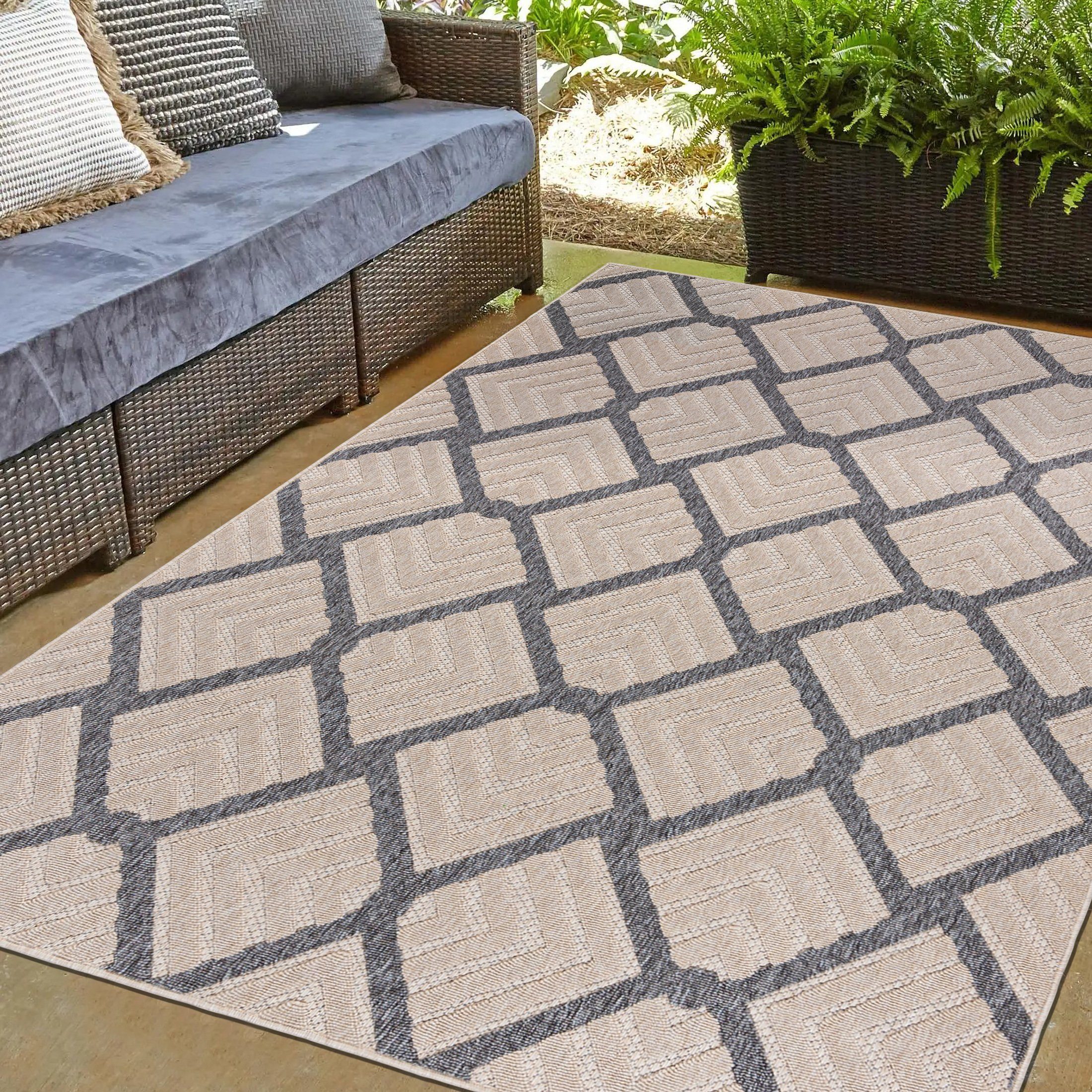 Mazovia Outdoorteppich In- & Outdoor Teppich Wetterfest & UV-beständig Balkon - Beige Grau, 60 x 100 cm, Höhe 6 mm, Kurzflor, Weich, Pflegeleicht, Flachgewebe