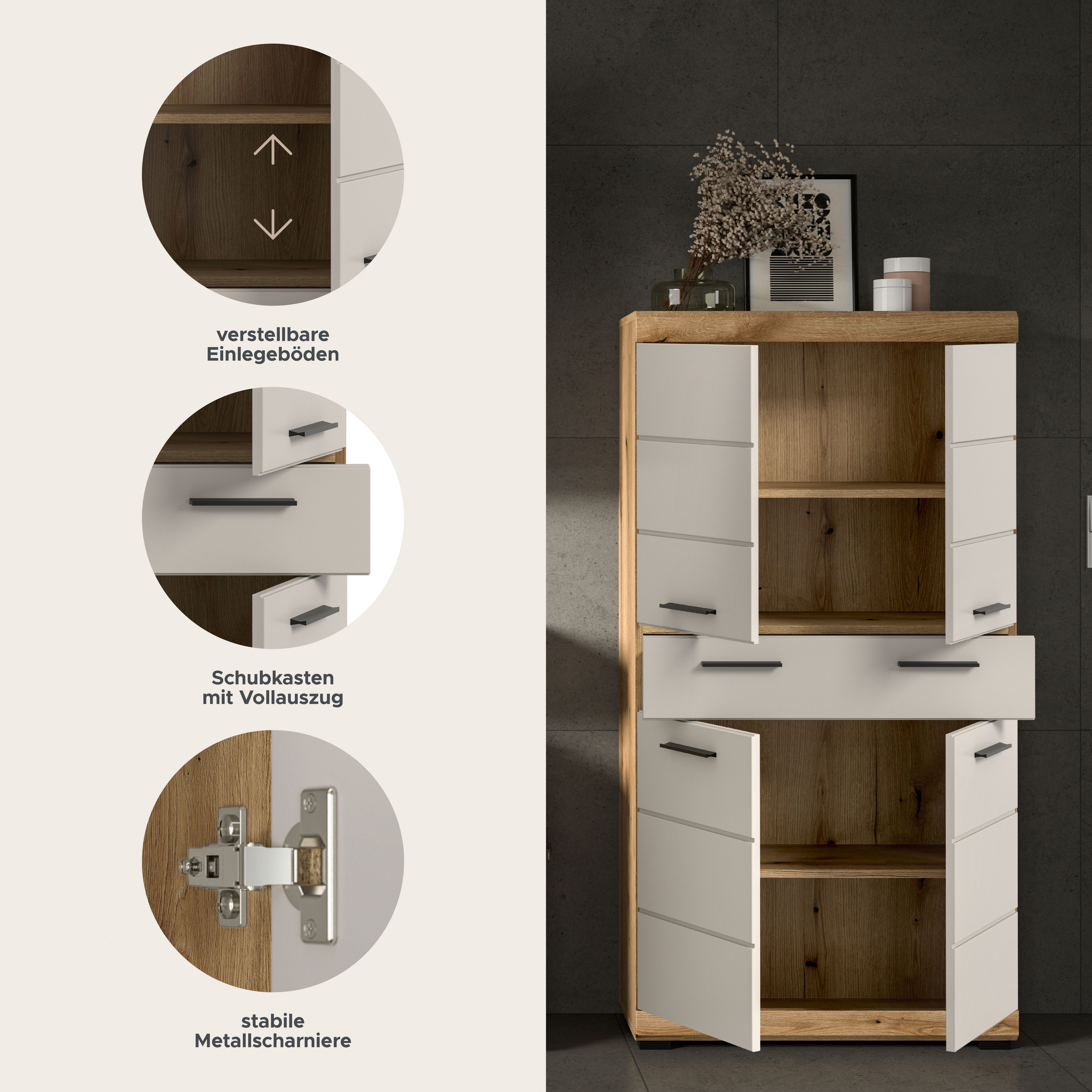 welltime Midischrank SIENA, Breite 74cm, 4 Türen, 1 Schubkasten, 4 Fächer, MDF-Front (TOPSELLER)