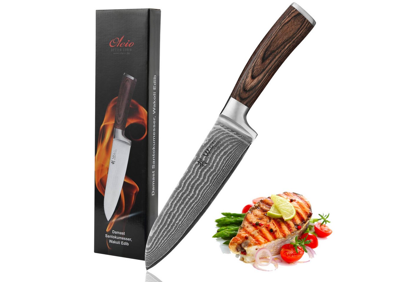 Wakoli Damastmesser EDIB Santokumesser Kochmesser 17cm Klinge Pakkaholzgriff, Küchenmesser aus 67 Lagen Damaststahl mit VG10 Kern inkl. Geschenkbox