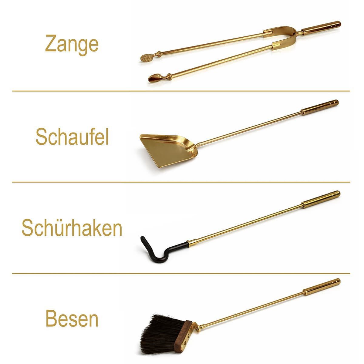 MS Beschläge Kamingarnitur Exklusives Kaminbesteck - Messing Ofenset 5-teilig, Ofenbesteck matt gebürstet - Kaminset geschlossener Behälter