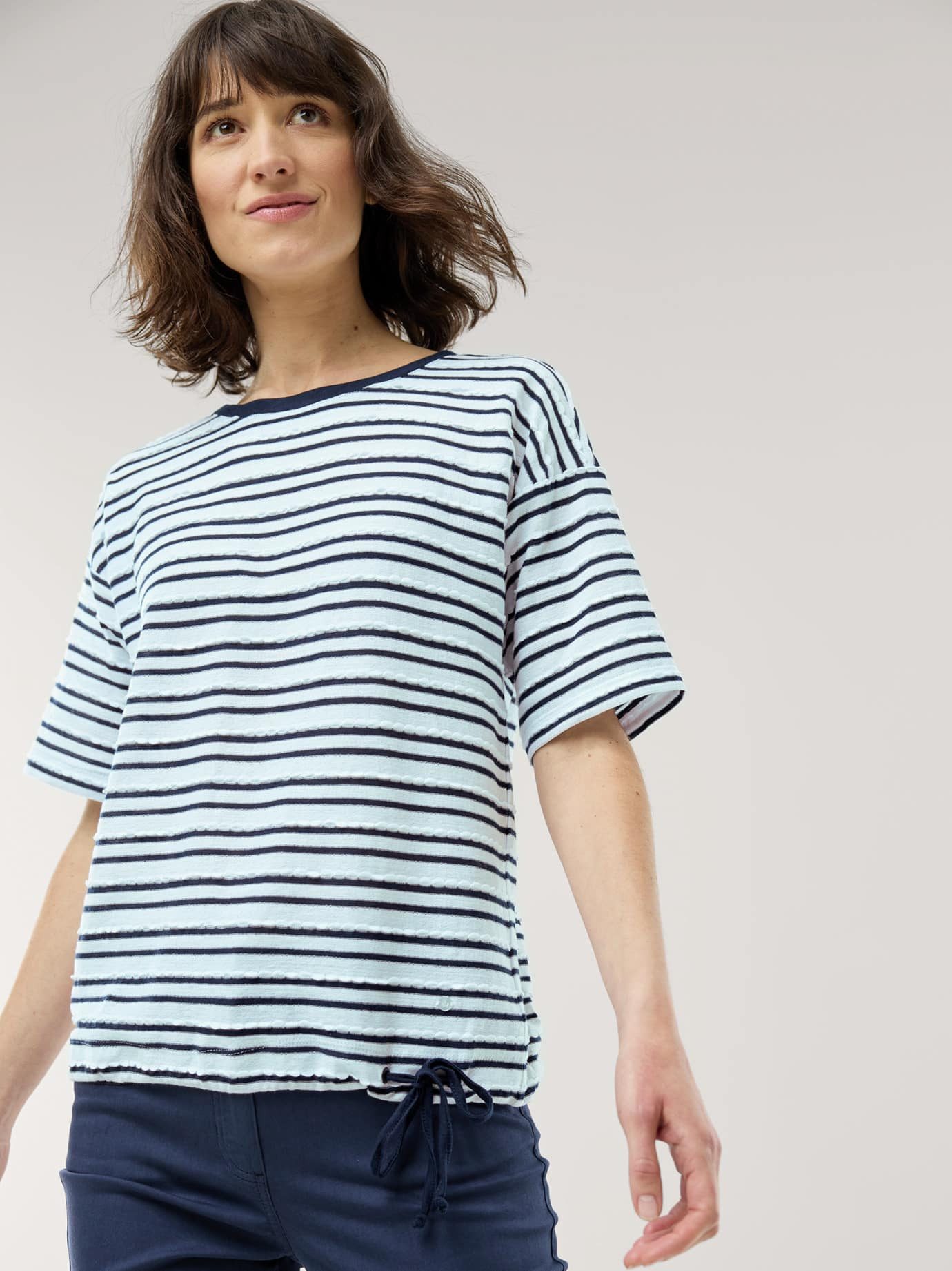 Walbusch Poloshirt Damen Blousonshirt Wellenreiter Halbarm Rundhals Garngefärbte Ringel, plastische Struktur, pflegeleichter Baumwollmix