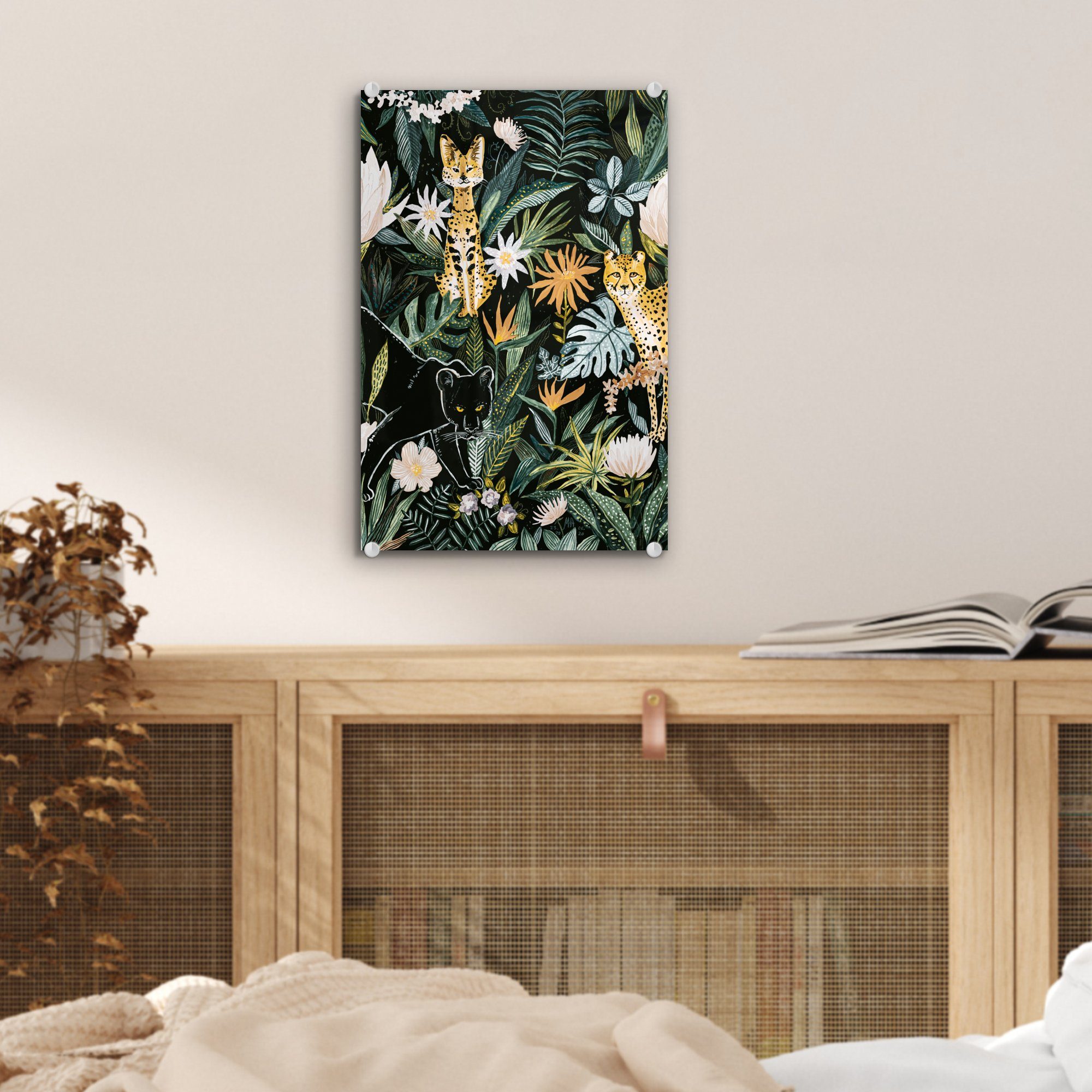 Glas - Panther, Dschungel Pflanzen Wandbild St), auf - Wanddekoration Acrylglasbild auf Glas Glasbilder Bilder - Foto MuchoWow - (1 -