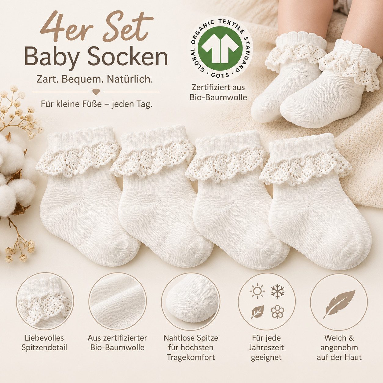 bistyle Kurzsocken Baby Socken mit Spitze, Bio-Baumwolle, Nahtlose Zehen, 4er Pack (4er Pack) – Bild 3 von 5
