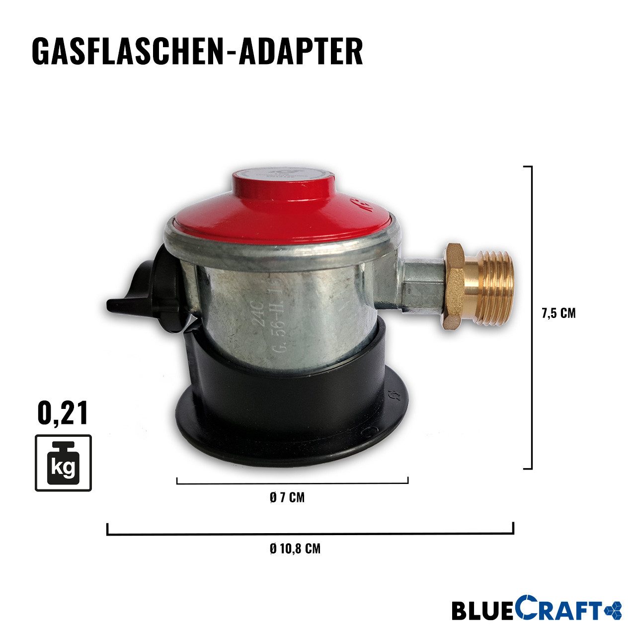 BlueCraft Druckminderer Adapter für ausländische Gasflaschen in Spanien Portugal uvm., (für Camping Propan Gasflasche, Gaskocher, Gasgrill), Clip-On JUMBO 35mm für deutsche Gas-Druck-Regler 30 mbar 50 mbar