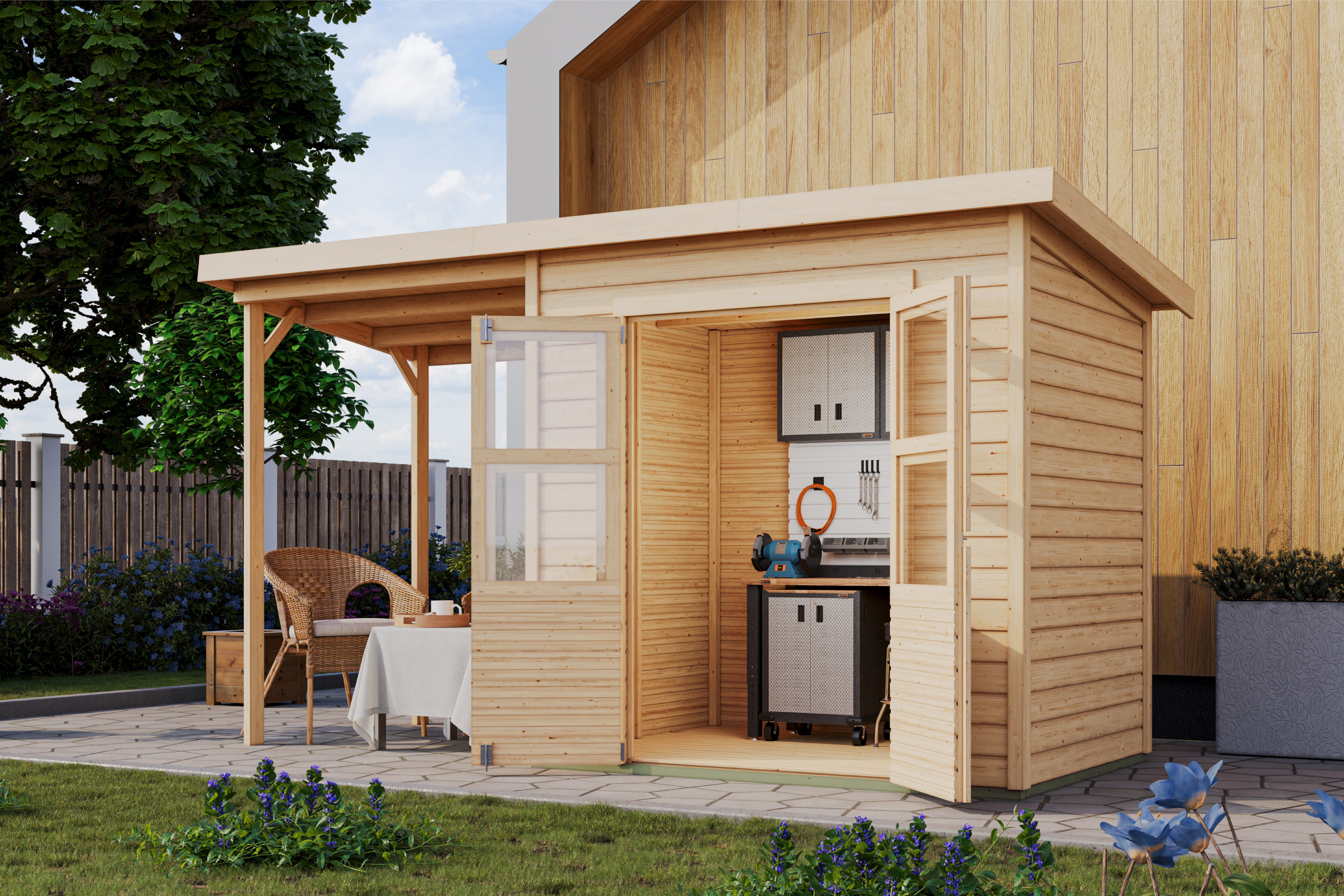 KONIFERA Gartenhaus Akamaru 3, BxT: 390x175 cm, (Set), inkl. Anbaudach