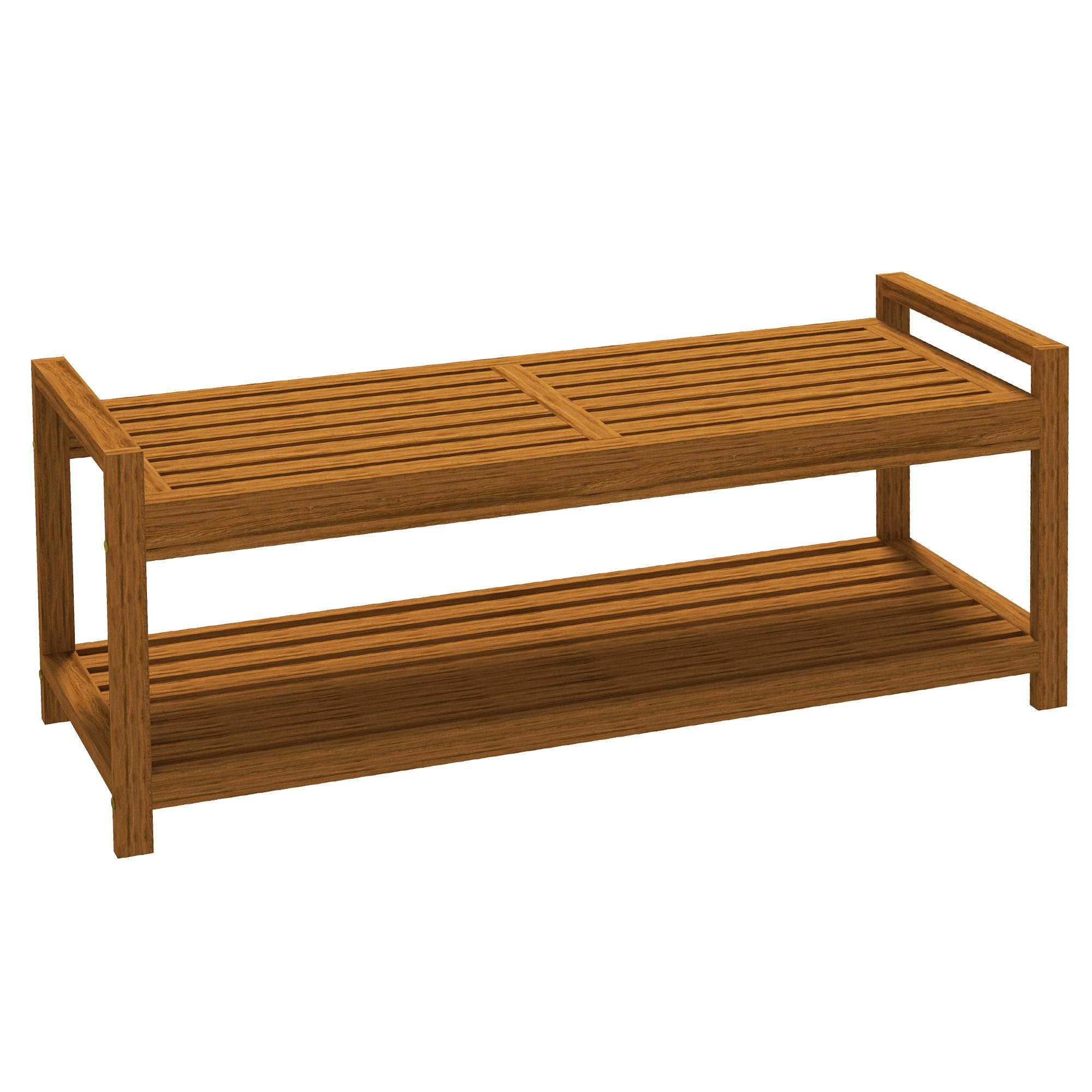 Outsunny Bank Holzbank mit Schuhablage für 2 Personen, für In- & Outdoor (Outdoor Sitzbank, 1-St., Schuhbank mit Armlehnen), bis 250 kg belastbar, 118 x 40,5 x 46 cm, Teak