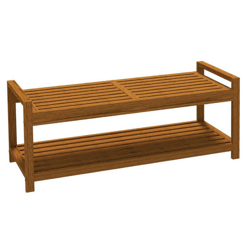 Outsunny Bank Gartenbank Sitzbank mit Armlehne Holzbank mit Ablage (Parkbank, 1-St., Balkonbank), bis 250 kg Belastbar, Teak, 118 x 40,5 x 46 cm