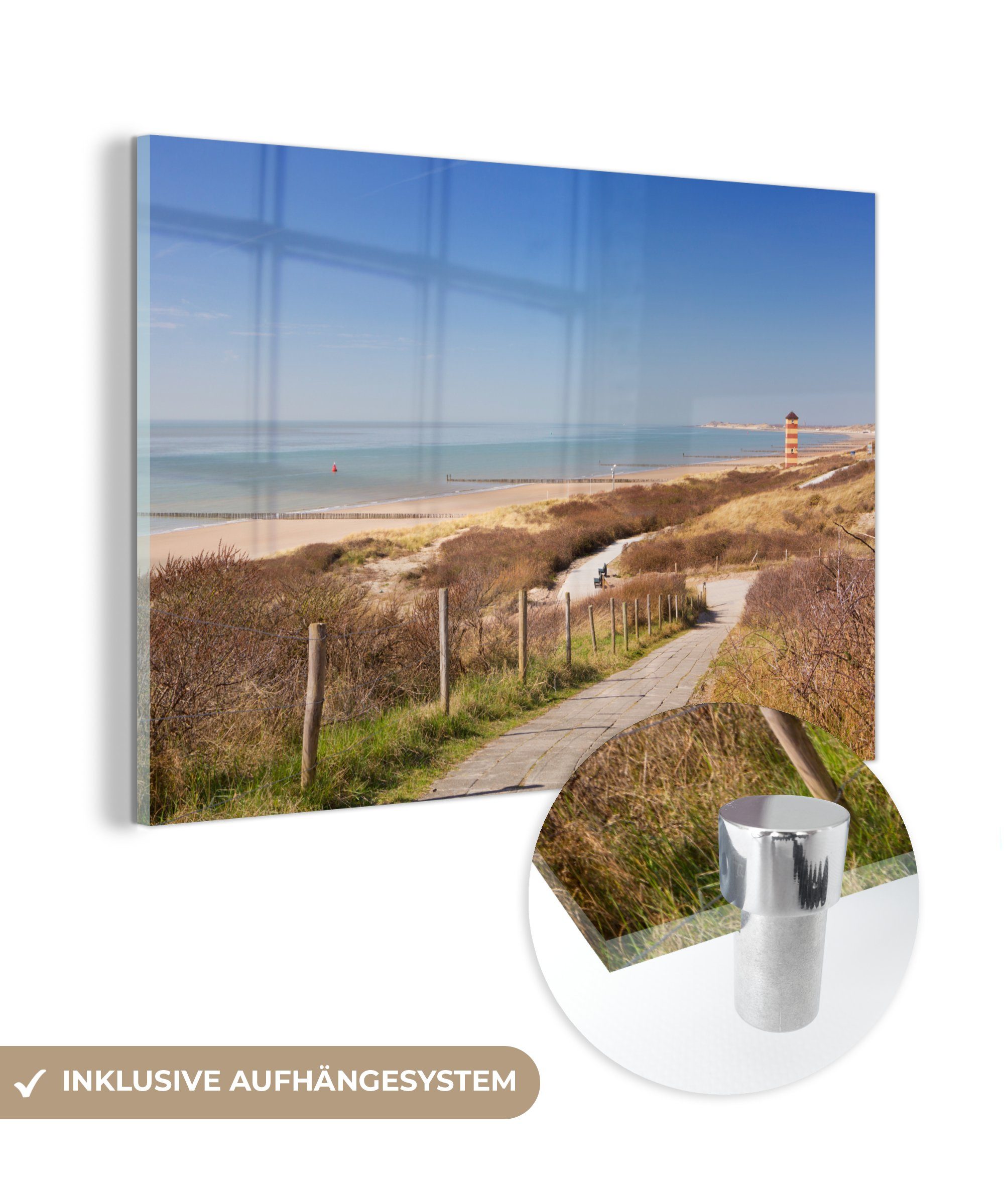 Glas (1 St), Leuchtturm Wandbild Glas - Strand auf Acrylglasbild Wanddekoration Meer - - - Niederlande, MuchoWow - Glasbilder Foto - Bilder auf