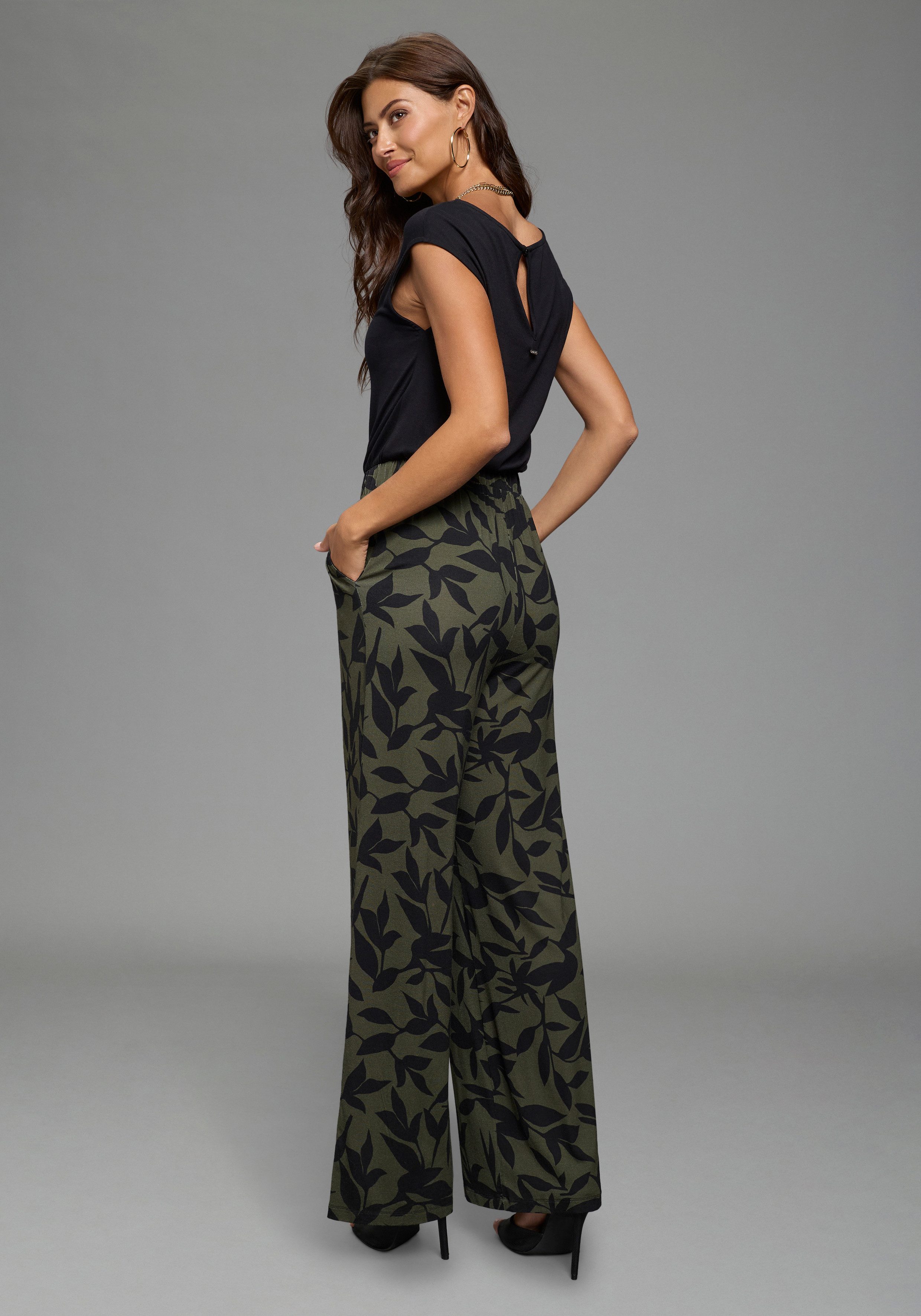 Laura Scott Jumpsuit 2-in-1-Look, einfarbiges Oberteil, geblümte Hose, Viskose-Jersey