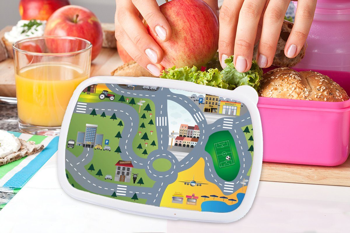 Brotbox Lunchbox - Kinder - Mädchen, Kunststoff rosa Dorf - Kunststoff, Straßen, für (2-tlg), MuchoWow Erwachsene, Auto Snackbox, Brotdose Kinder,
