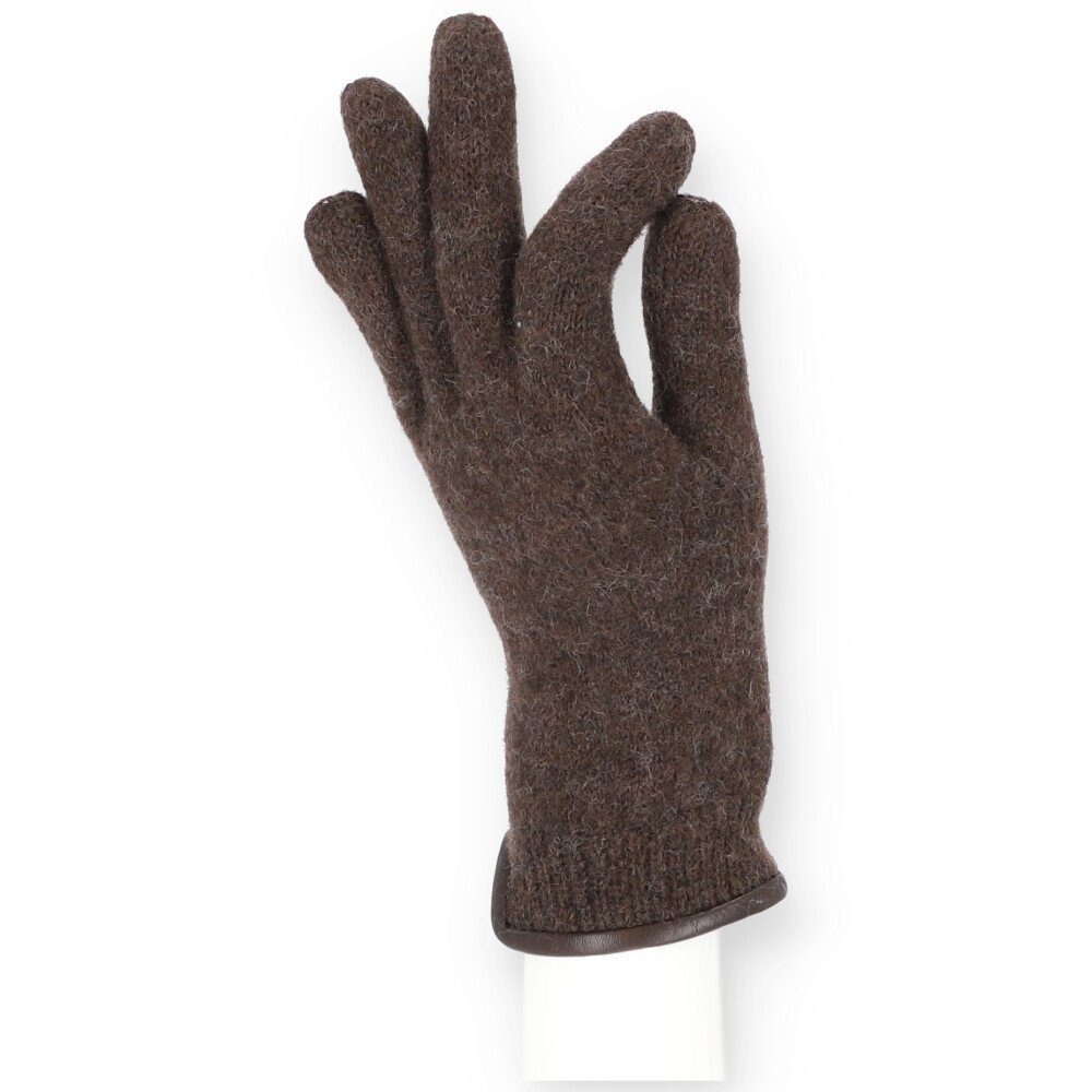 halsüberkopf Accessoires Strickhandschuhe Strickhandschuh Handschuh aus gewalkter Wolle mit Lederkante braun