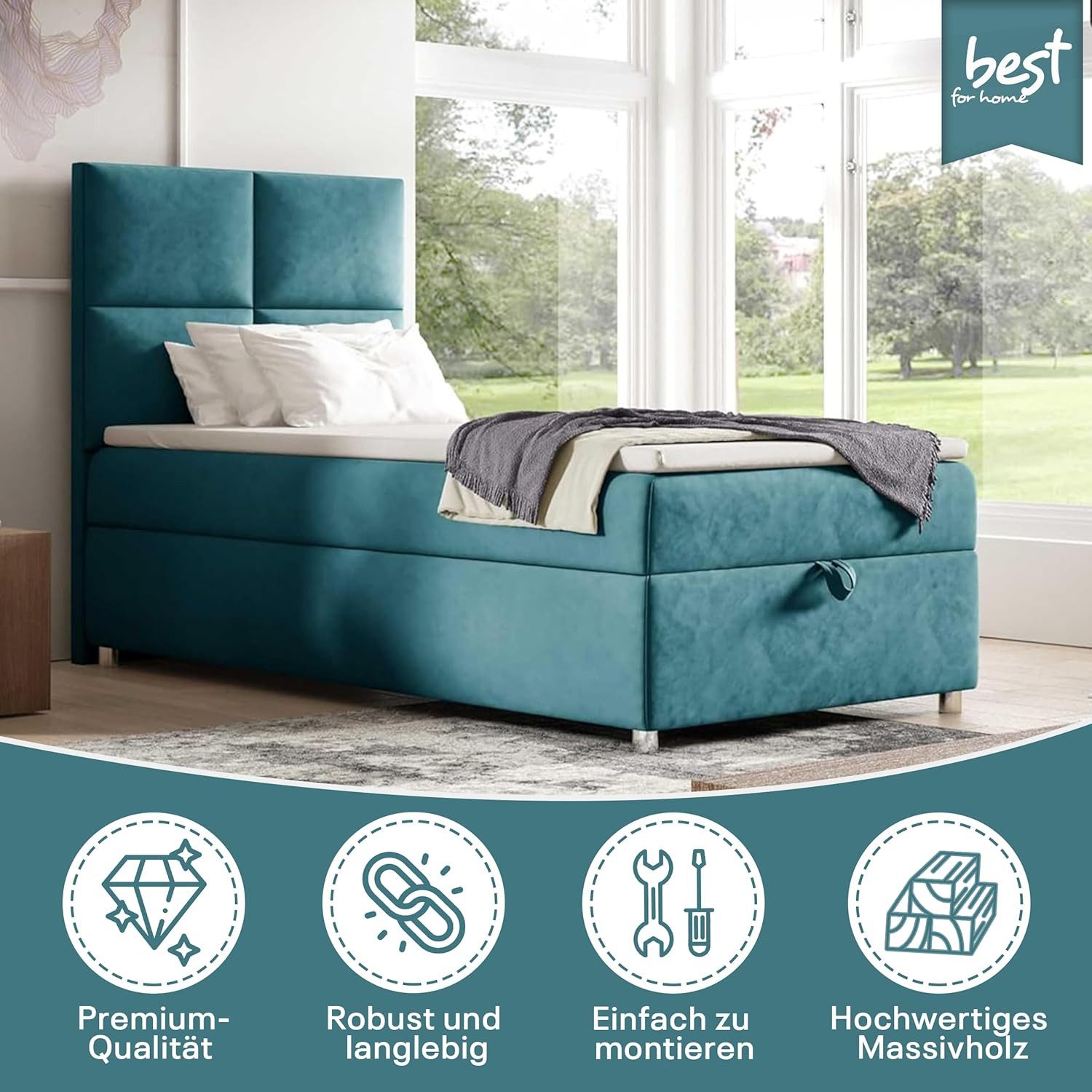 Best for Home Boxspringbett Boxspringbett Trinity K-2 mit Stauraum & Bonellmatratze (Einzelbett, Hotelbett, Polsterbett gepolstertes Kopfteil, Jugendbett, Kinderbett versch. Größen, 70x200 80x200 90x200 100x200 cm), verschiedene Liefermöglichkeiten, Handwerksqualität