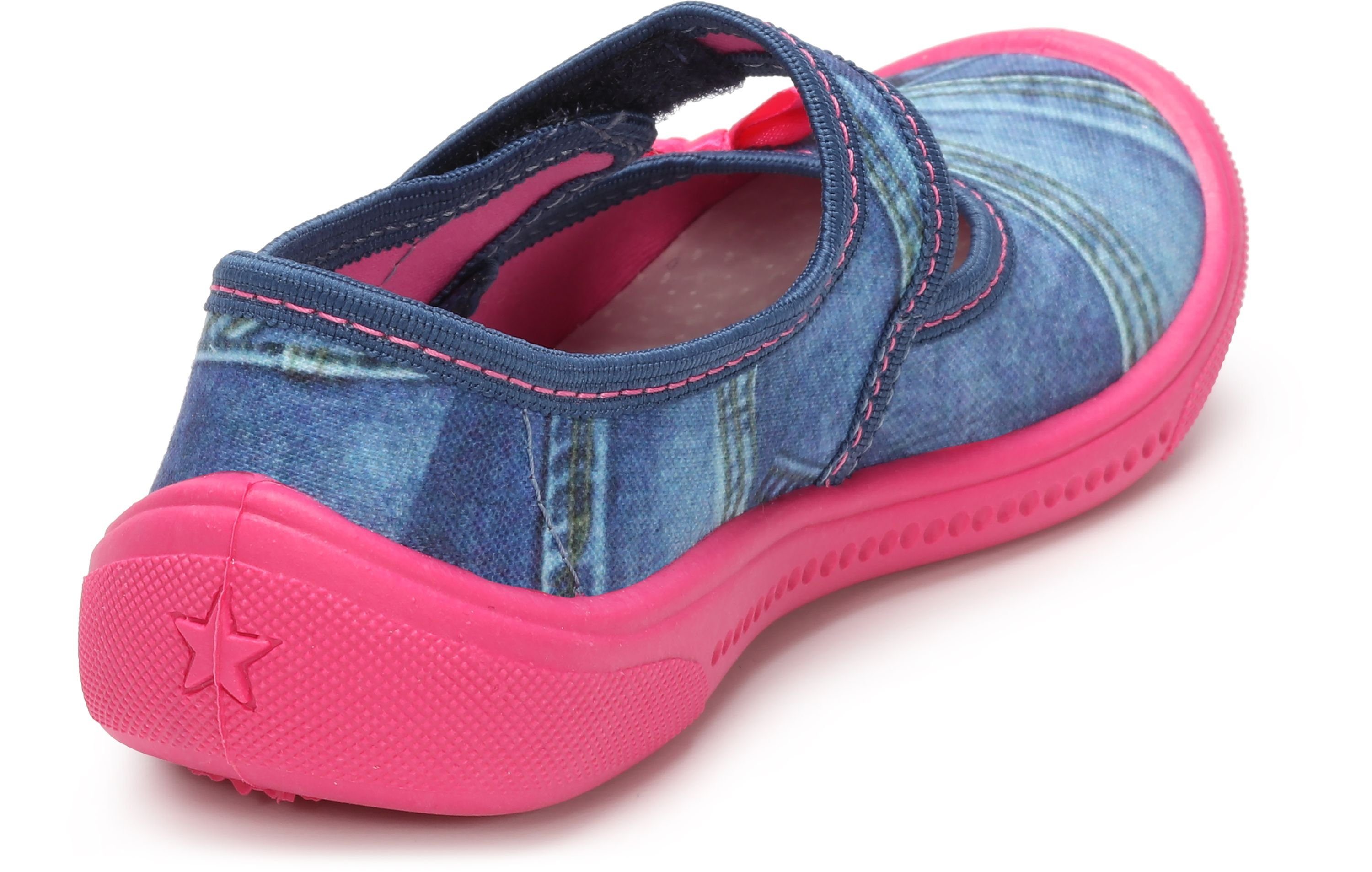 Kinder Hausschuhe Hausschuh mit LAVI0004 Jeans Klettverschluss Rosa Mädchen Ladeheid