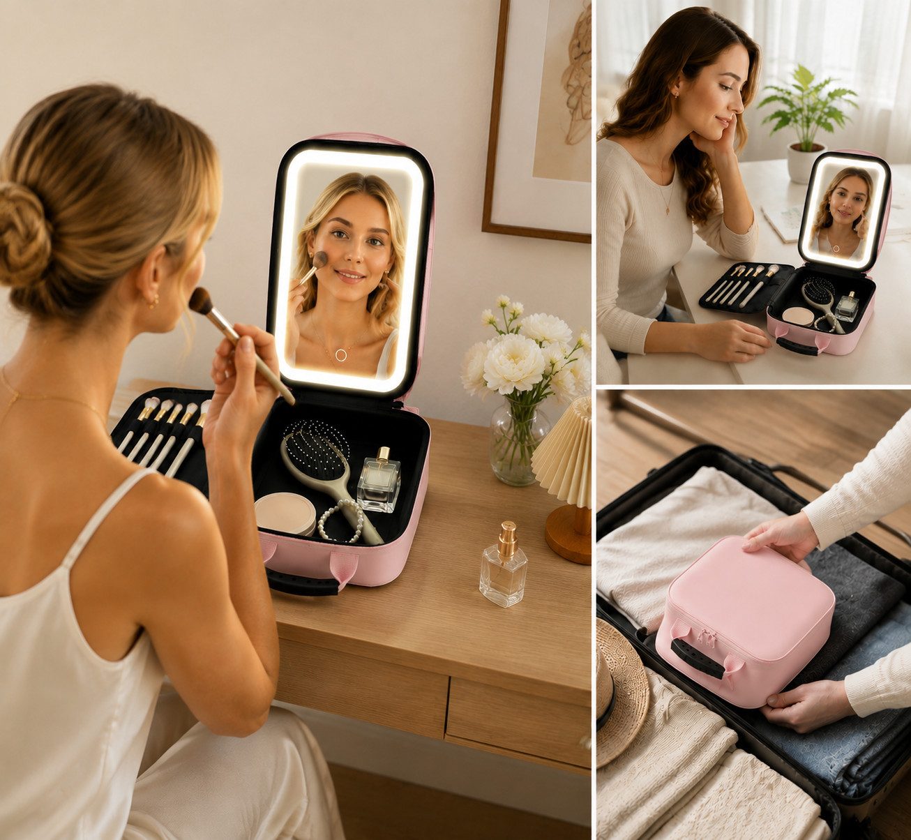 ibettertec Kosmetiktasche LED Kosmetikkoffer mit Spiegel, 3 Lichtfarben, Reise Make-up Tasche (Große Make-up Tasche mit abnehmbarem LED Spiegel, USB-Aufladung u – Bild 5 von 5