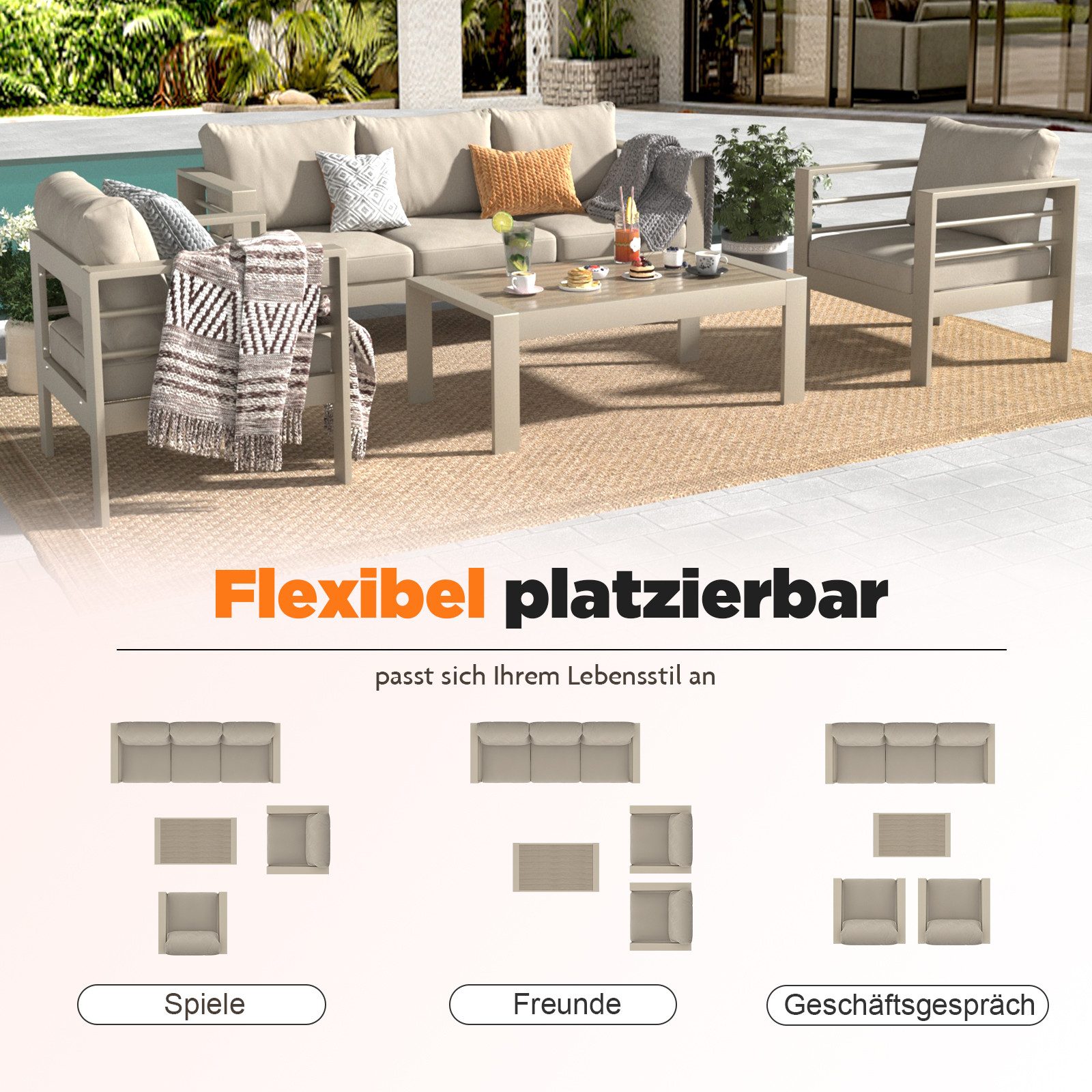 MeXo Gartenlounge-Set XXL Gartenmöbel Set Aluminium Outdoor, (Set, 4-tlg., 1×3-Sitzer Sofa, 2×Sessel, 1×Tisch, 10×Auflagen), wetterfest Sitzgruppe Essgruppe Gartengarnitur für 4-5 Personen, Beige