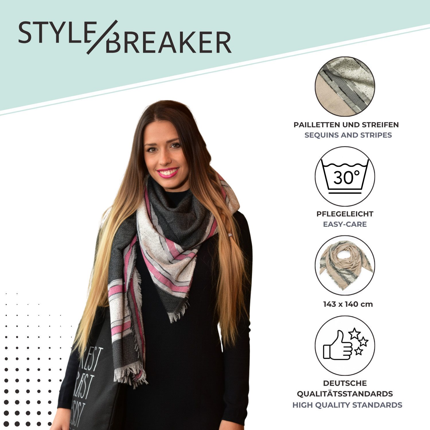 styleBREAKER Modetuch Vierecktuch mit Pailletten Streifen, (1-St) günstig online kaufen