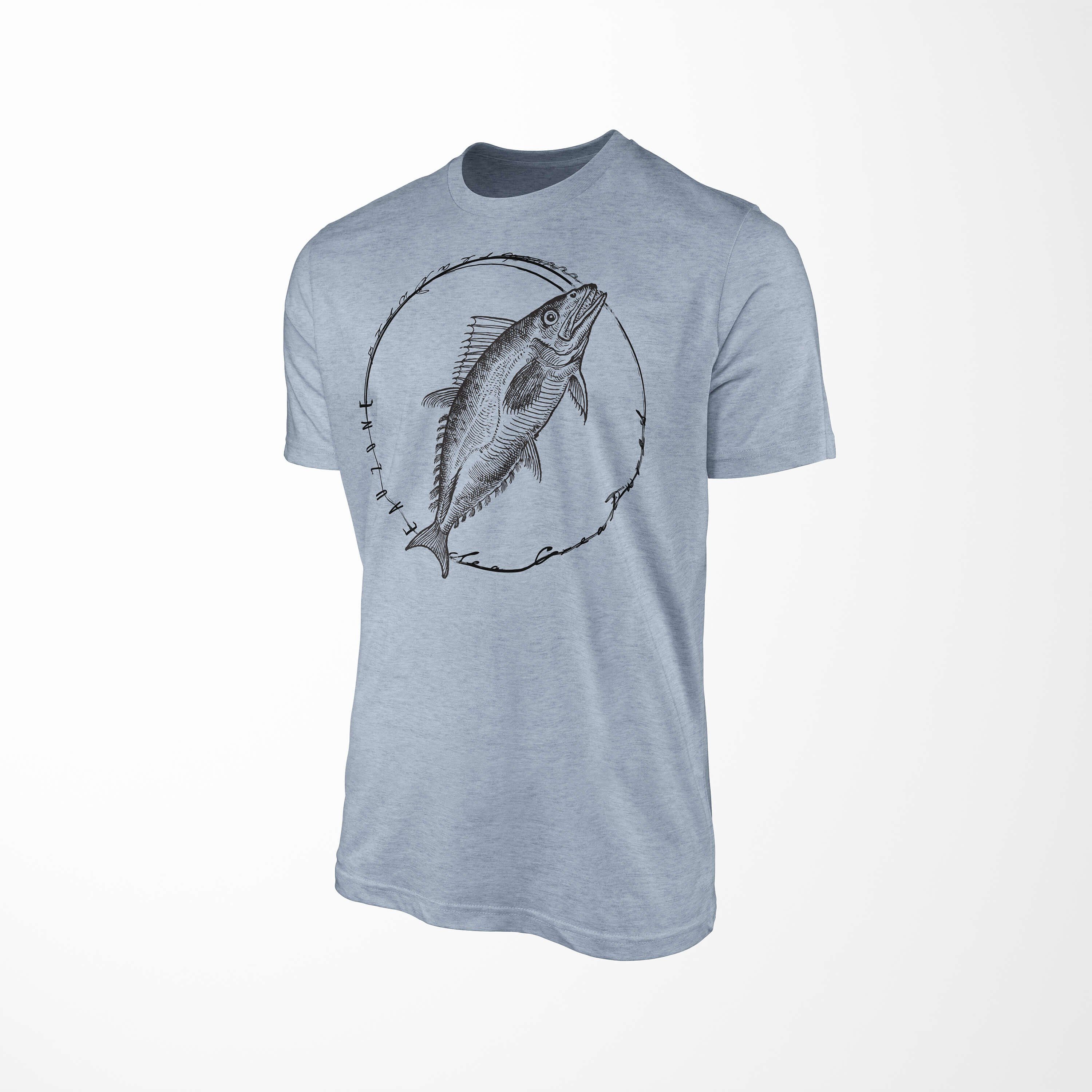 Sinus Art T-Shirt T-Shirt Tiefsee Fische und 098 Schnitt Denim sportlicher Serie: Sea feine Stonewash - Sea Struktur Creatures, 