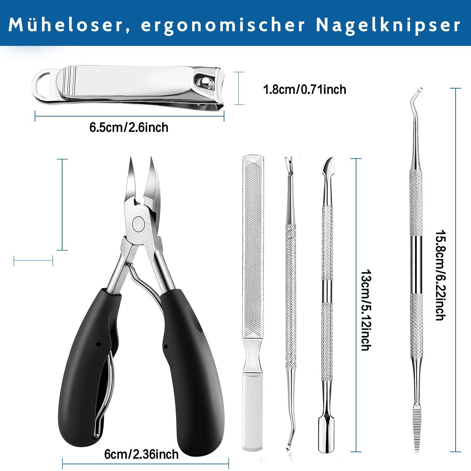 COOL-i ® Nagelknipser-Set Professionelles Nagelknipser-Set – 6-teilig mit Etui,aus Edelstahl, 6-tlg., ideal bei dicken, eingewachsenen & pilzbefallenen Nägeln