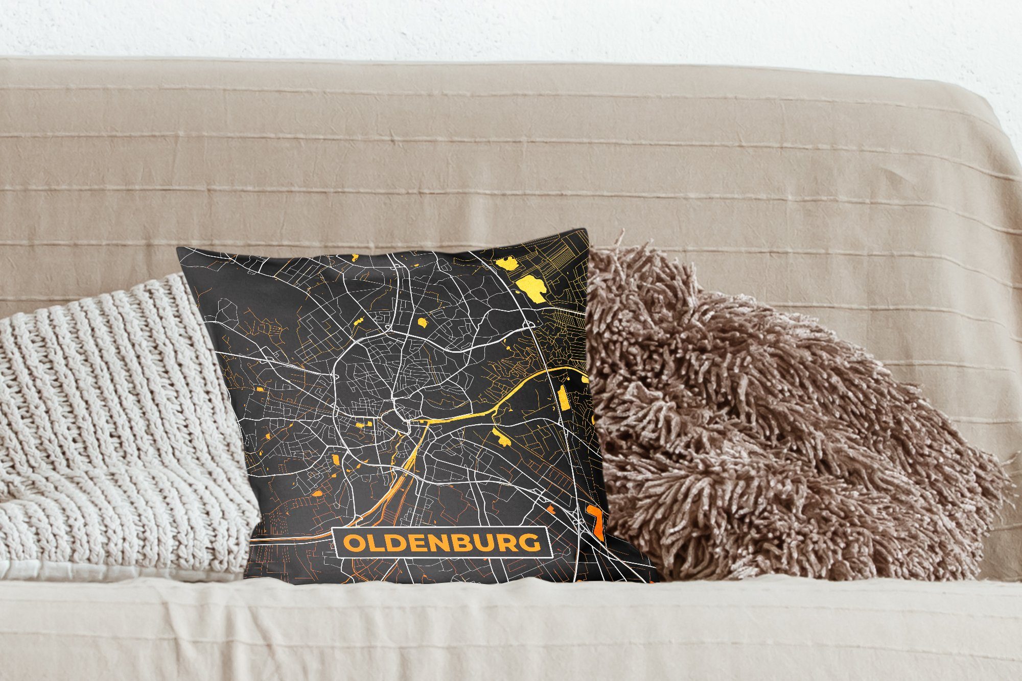 MuchoWow Füllung Gold Zierkissen Schlafzimmer, Stadtplan - Wohzimmer, Oldenburg, Deutschland mit Deko, Karte - für Sofakissen Dekokissen - -