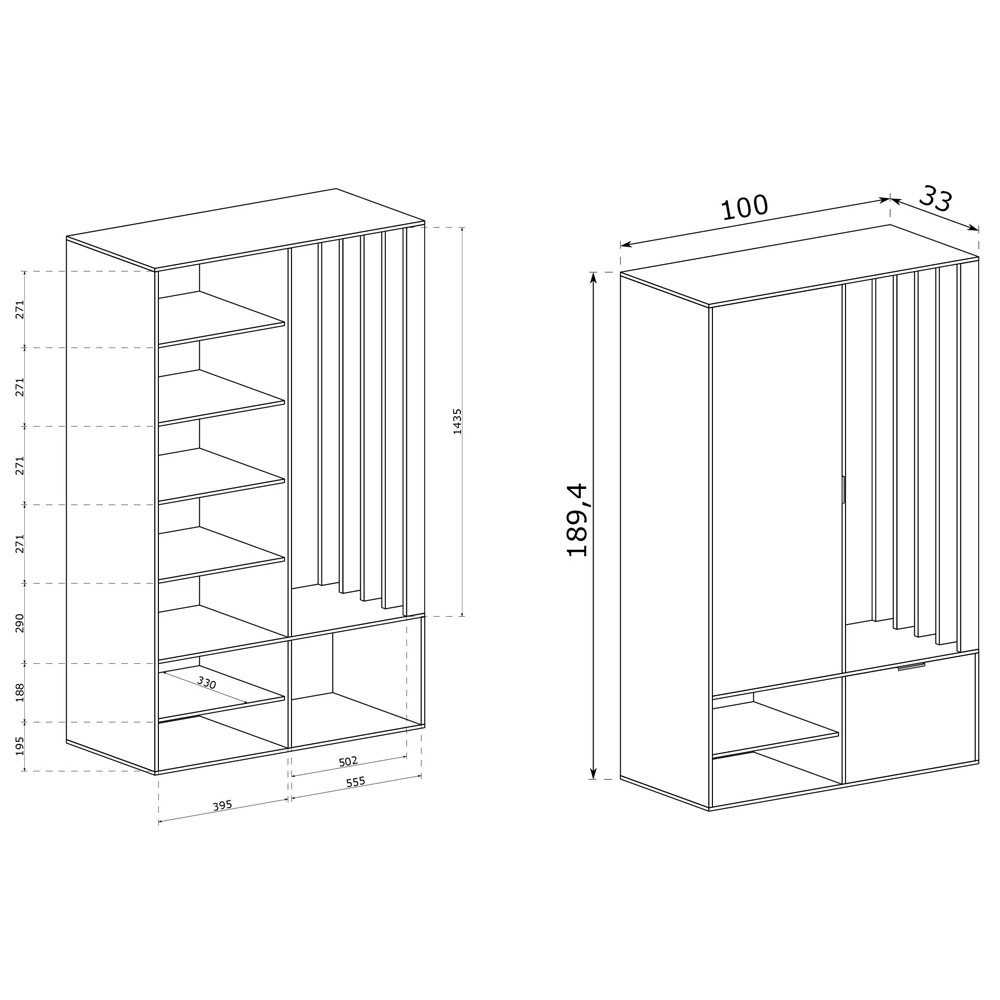 Lomadox Garderobe MINSTER-161, 100 cm breit in grau mit Spiegel, Schuhschrank, Kleiderstange, Klappe