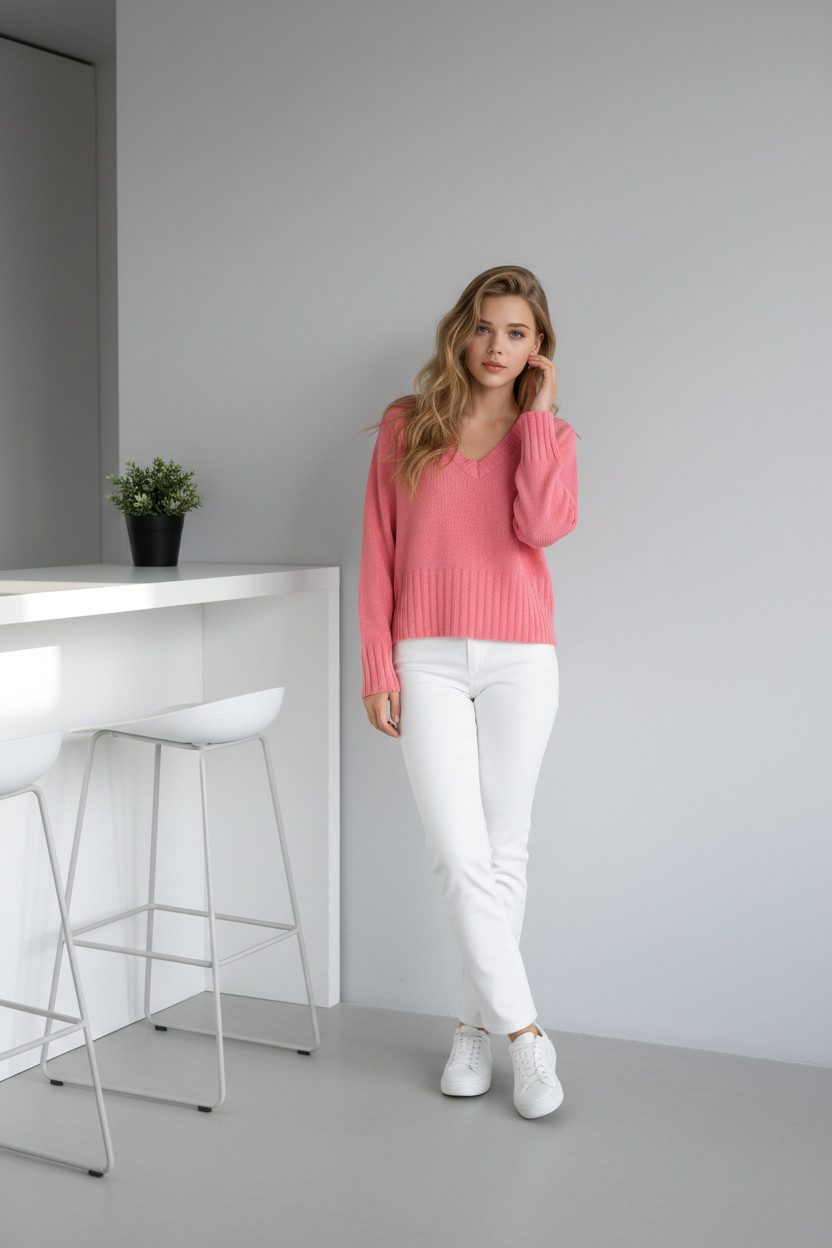 Zuckerwatte V-Ausschnitt-Pullover modisch kurz aus weichem Merino Cashmere günstig online kaufen