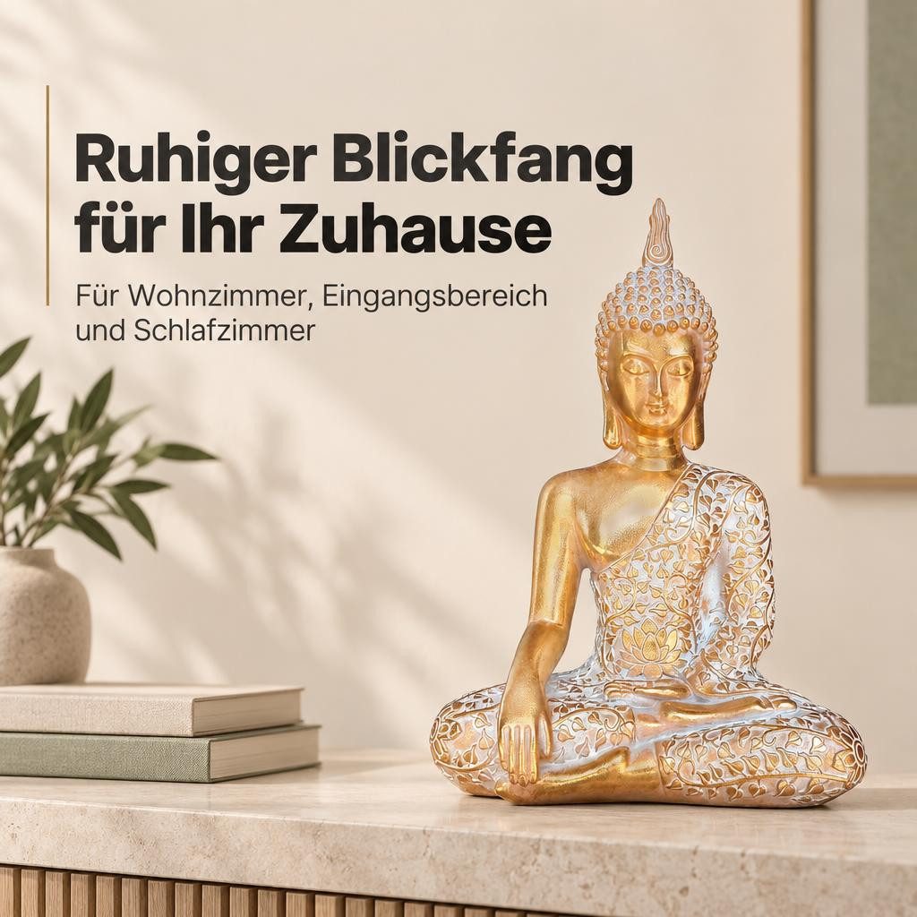 Kamelio Buddhafigur Buddha Figur sitzend 30cm Gold mit weiß Deko-Figur – Bild 2 von 5