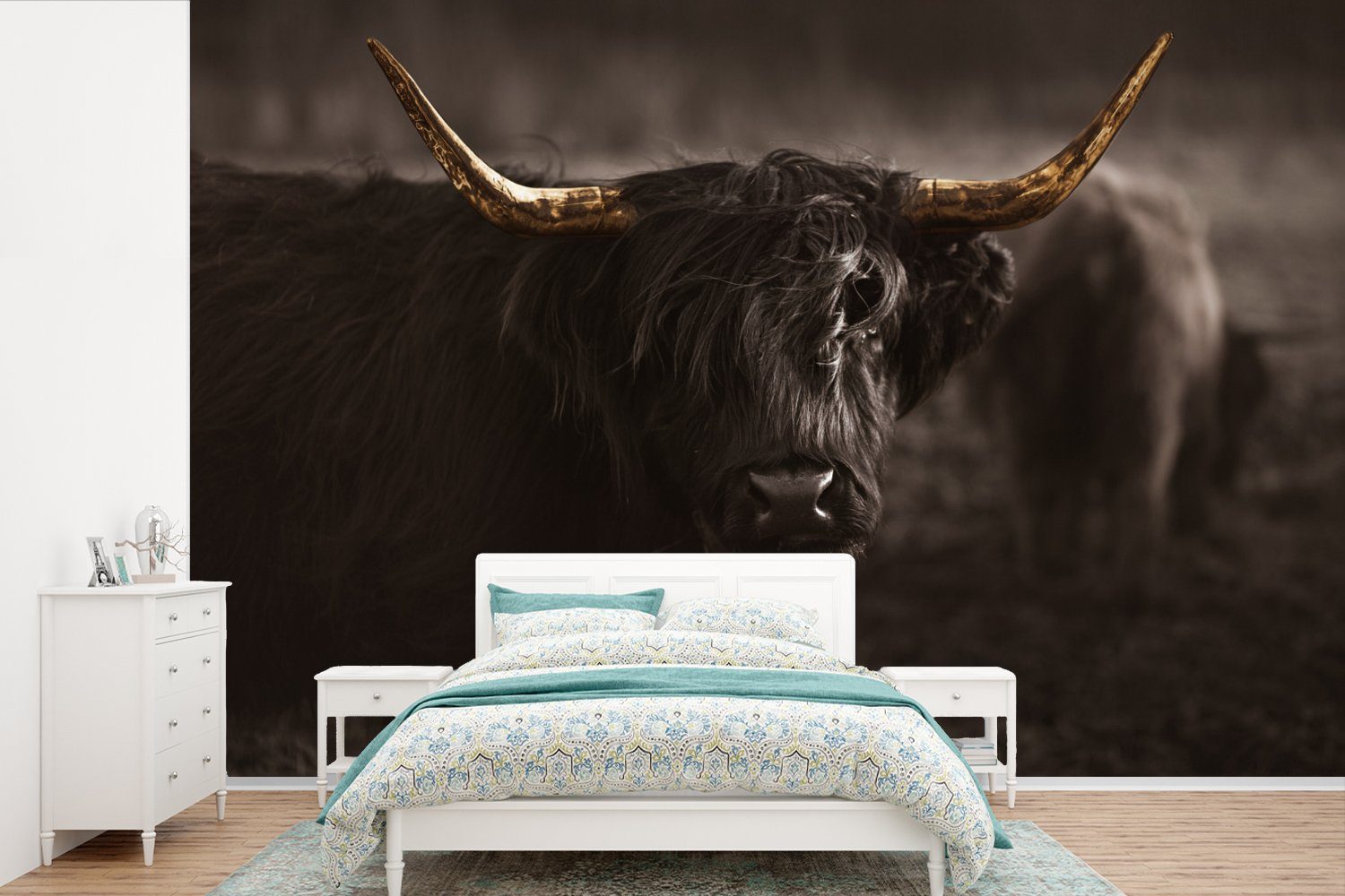 MuchoWow Fototapete Scottish Highlander - Tier - Schwarz und weiß, Matt, bedruckt, (6 St), Wallpaper für Wohnzimmer, Schlafzimmer, Kinderzimmer, Vinyl Tapete