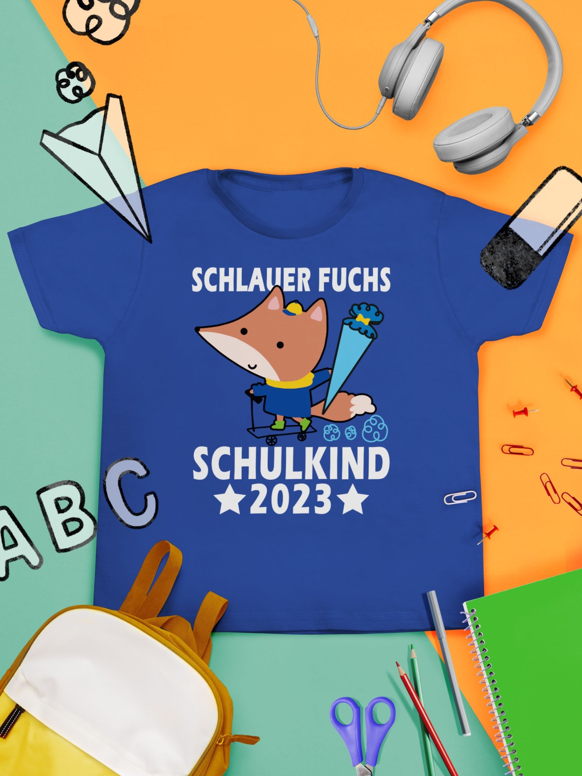 Shirtracer Schlauer T-Shirt Junge 2 Einschulung Fuchs 2023 Geschenke Schulanfang Royalblau Schulkind