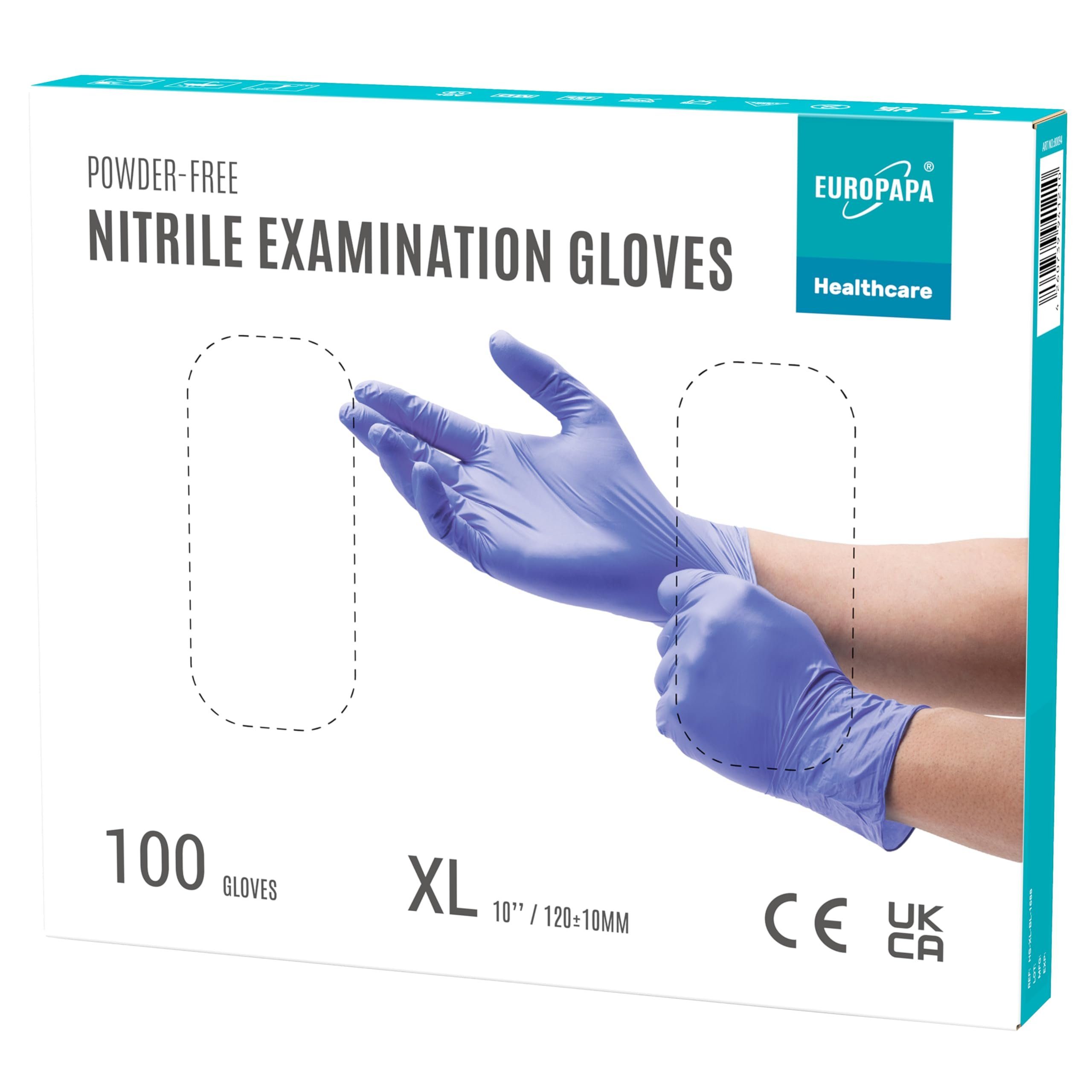 EUROPAPA Nitril-Handschuhe Medical Einmalhandschuhe Untersuchungshandschuhe (100 Stück, puderfrei ohne Latex, Gummihandschuhe) unsteril latexfrei disposible gloves