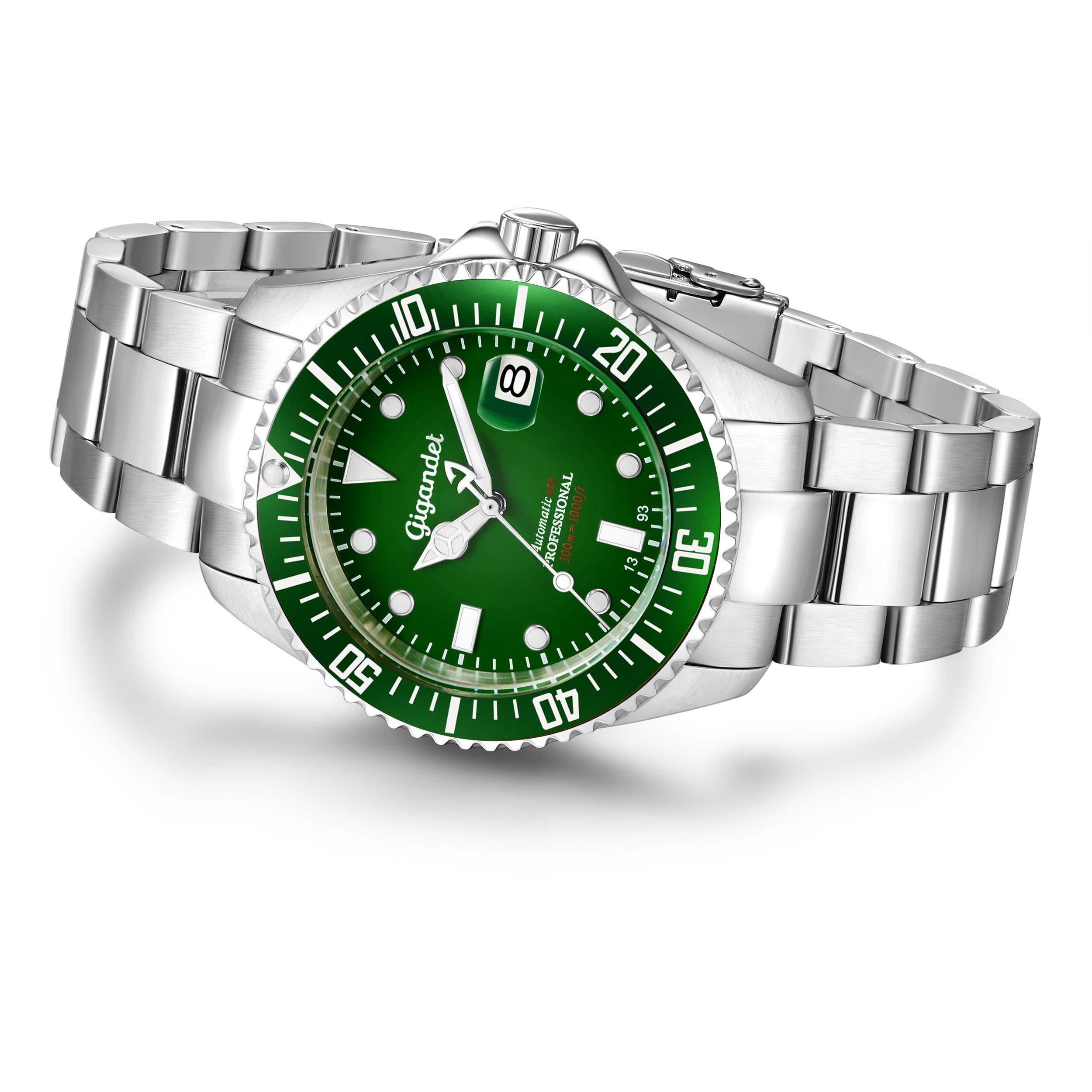 Gigandet Automatikuhr Herrenuhr, Armbanduhr, Taucheruhr, 43mm, SEA GROUND G2-008, Mineralglas, Aluminiumlünette, Grün, 30bar/300m wasserdicht