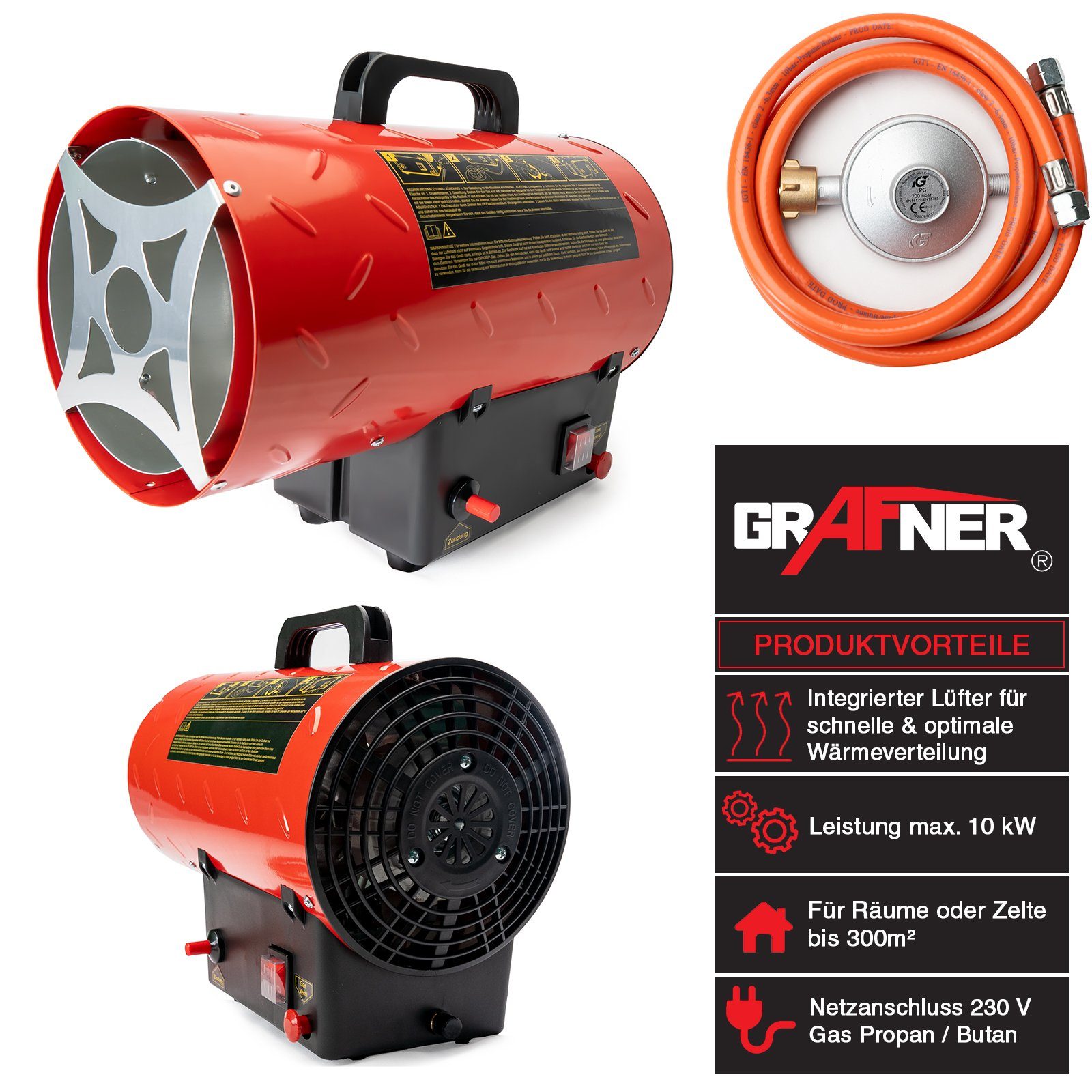 Grafner Heizgerät Heizlüfter Gasheizer Gasheizgebläse Bauheizer 10kW Bautrockner, 10000 W, Überhitzungsschutz