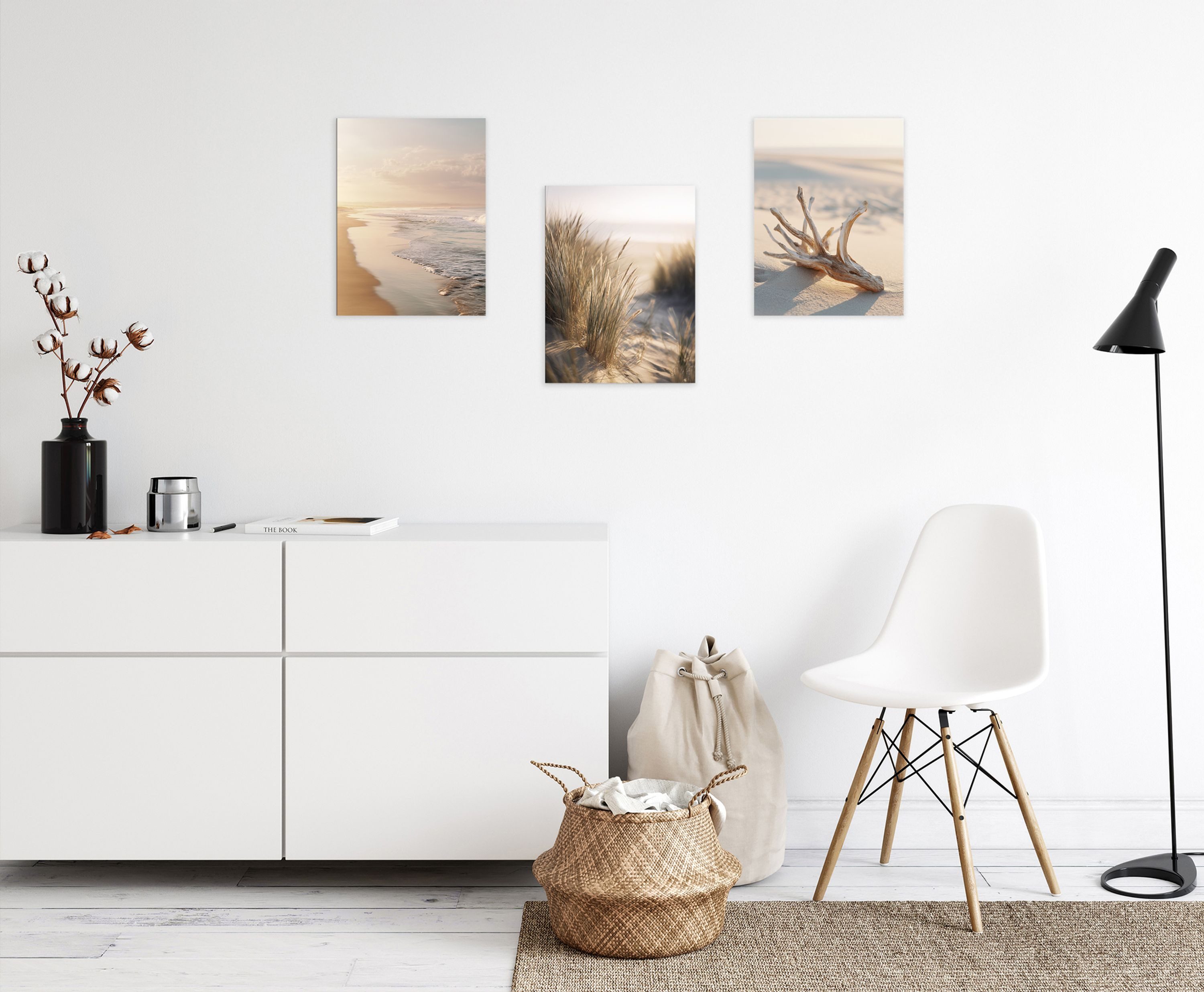 artissimo Mehrteilige Bilder Wandbilder-Set 3er-Set / maritime Wanddeko / Wohnzimmer, Strand und Meer: Dünengras und Strandlandschaft in beige