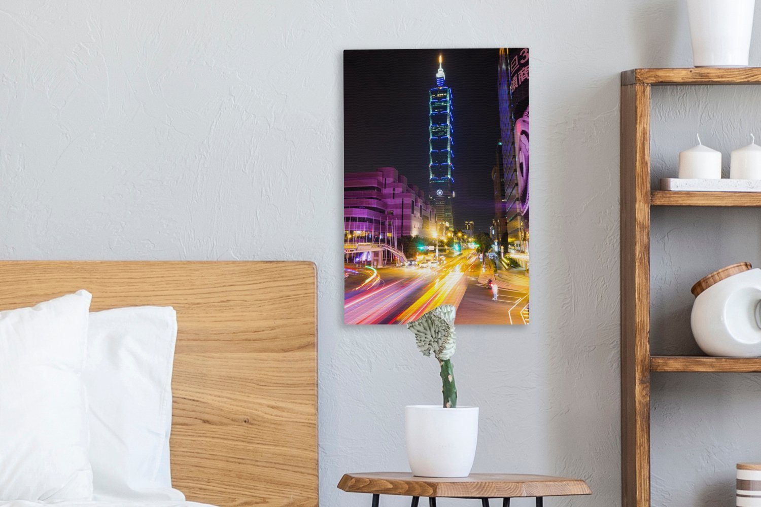 (1 Taiwan 101 OneMillionCanvasses® St), Nacht, Leinwandbild inkl. in beleuchtete cm bei 20x30 Der Gemälde, Taipei Leinwandbild bespannt Zackenaufhänger, fertig