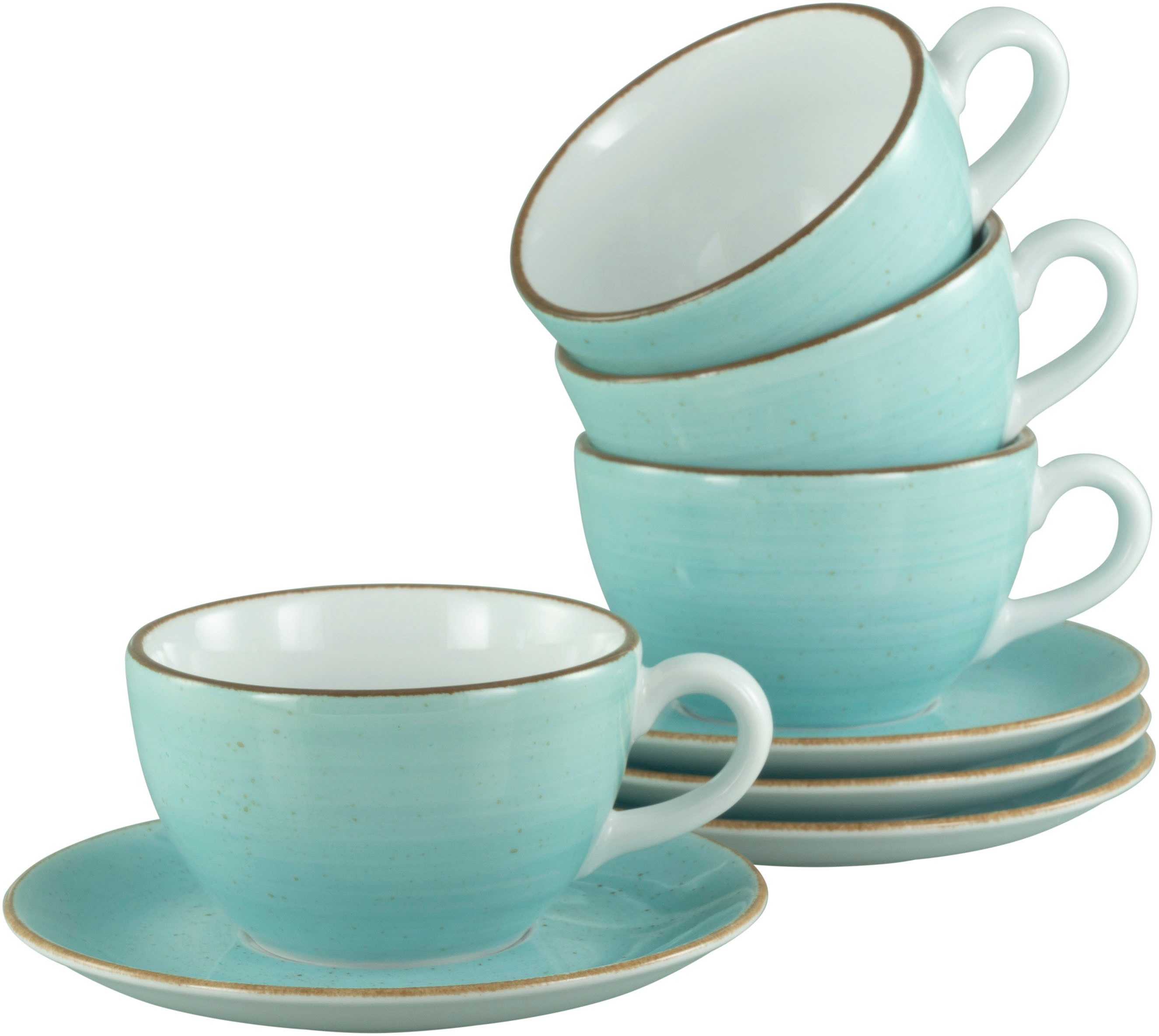 CreaTable Cappuccinotasse Vintage Nature Aqua, Cappuccino-Set, 8-tlg., 8-tlg., Porzellan, Handgemalt, Gesprenkelt, Rustikales Außenband