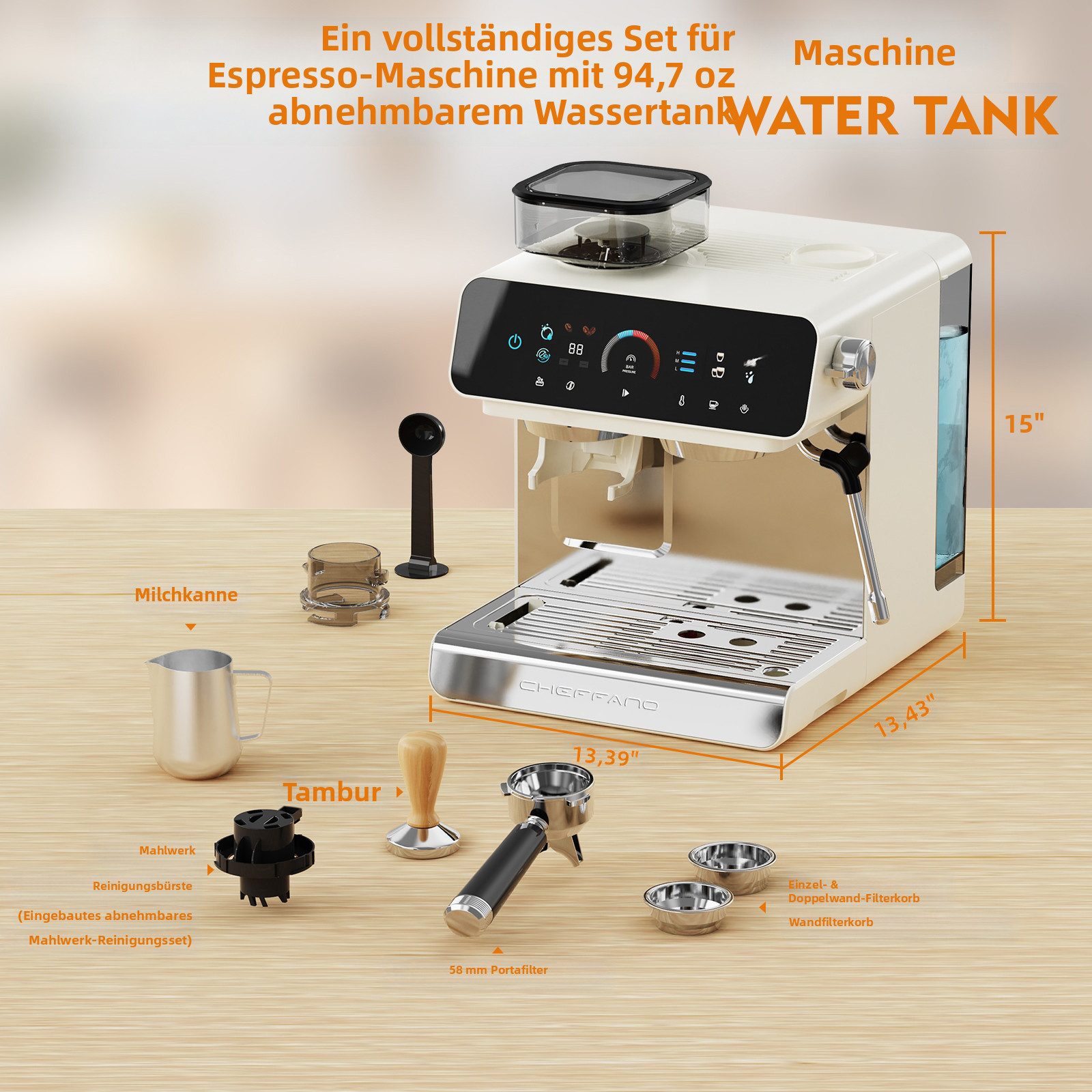 CHEFFANO Espressomaschine mit integriertem Mahlwerk, 20 Bar und 19 Mahlgradstufen