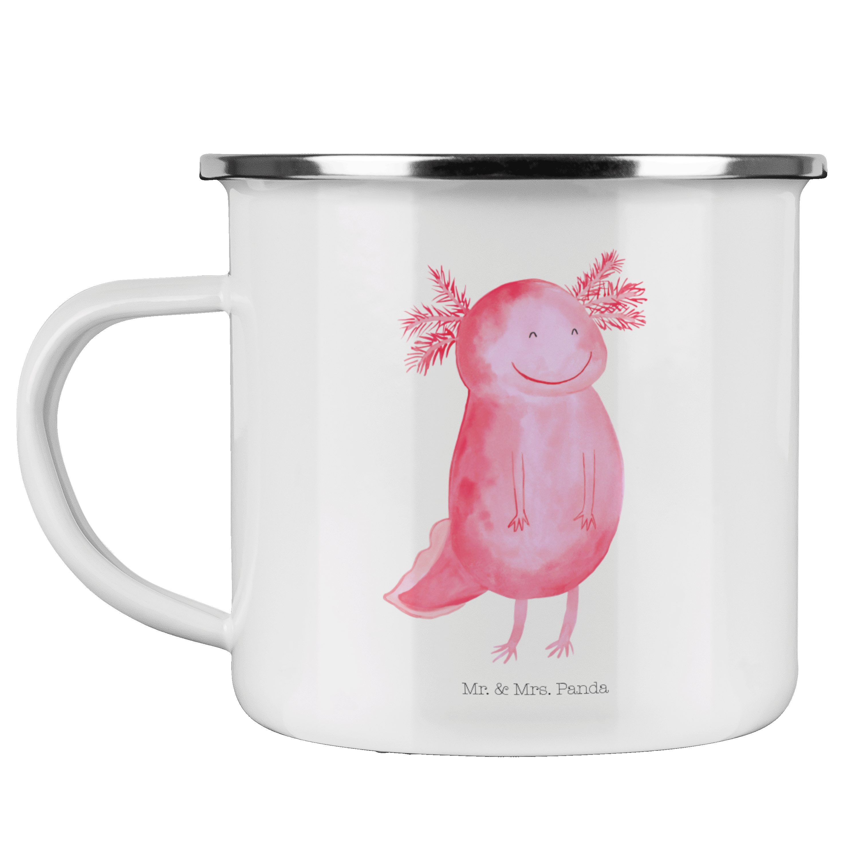Mr. & Mrs. Panda Becher Axolotl glücklich - Weiß - Geschenk, lebensfroh, Schwanzlurch, Campin, Emaille
