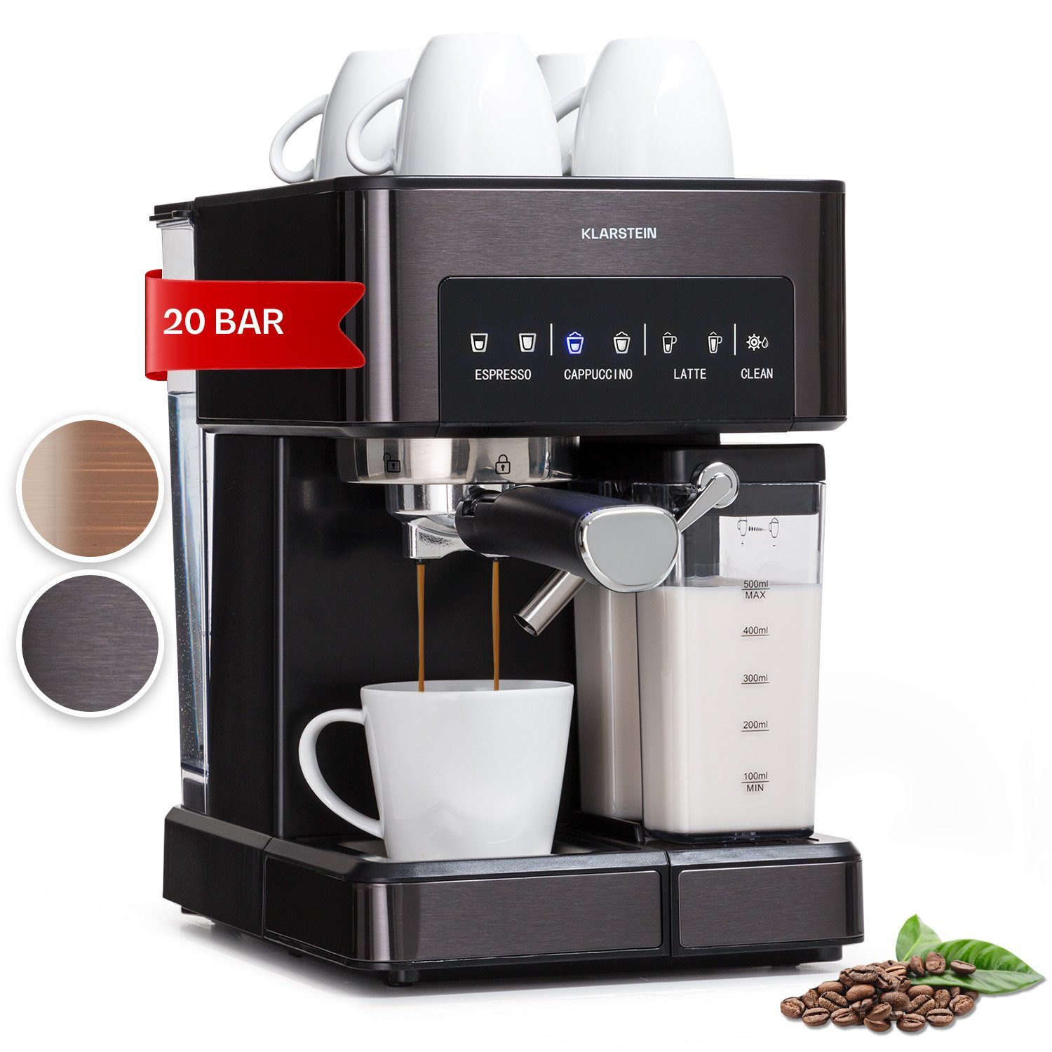 Klarstein Filterkaffeemaschine Arabica Comfort Siebträgermaschine 1350 W 20 Bar 1,8 L Touch, 1.8l Kaffeekanne, Kaffeebereiter Siebträger mit Milchschäumer & 20 bar