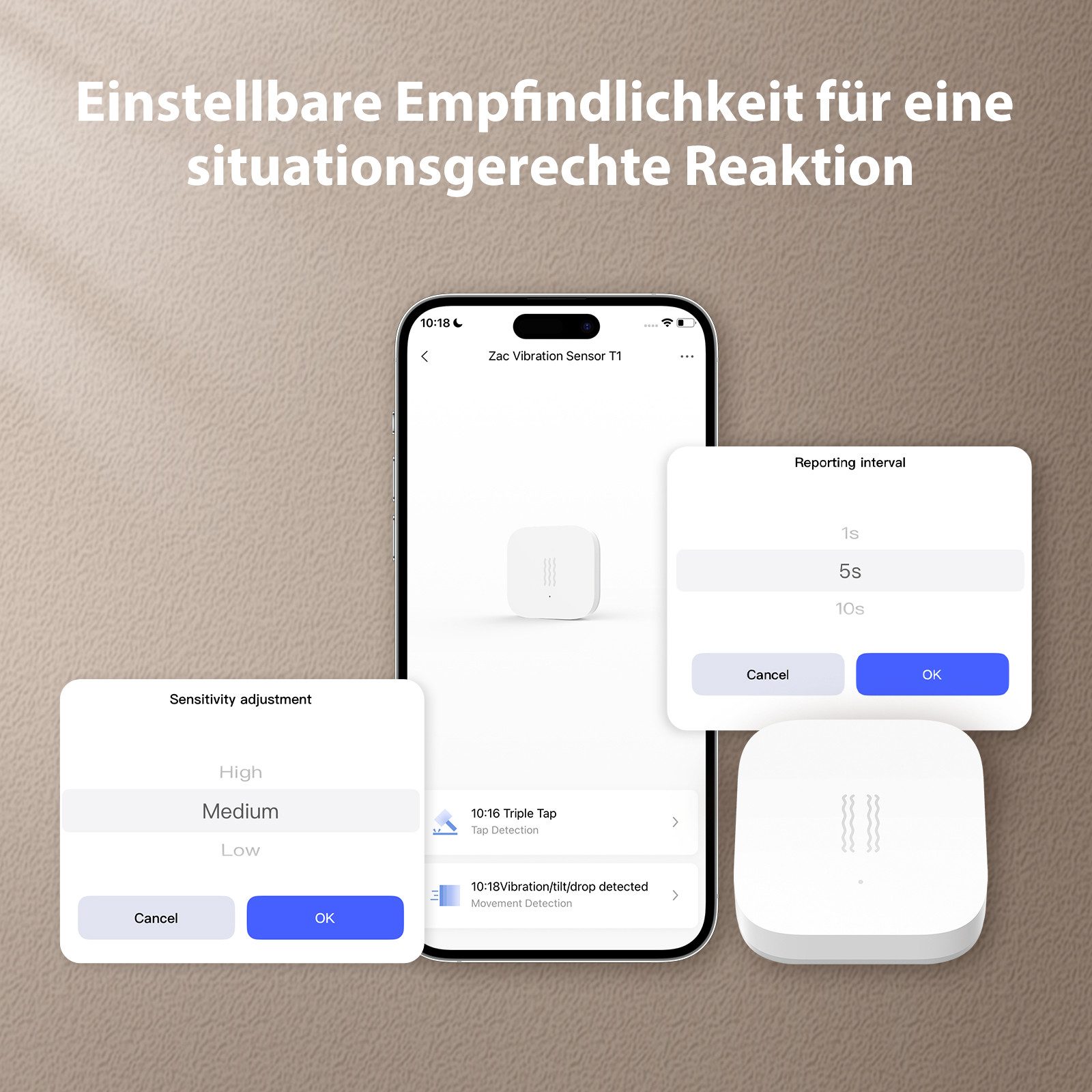 Aqara Sensor Vibrationssensor T1, (1-St., Erkennung von Erschütterungen, Kippen oder Stürzen), App-Benachrichtigung, Erfordert Aqara Hub, Matter-über-Bridge