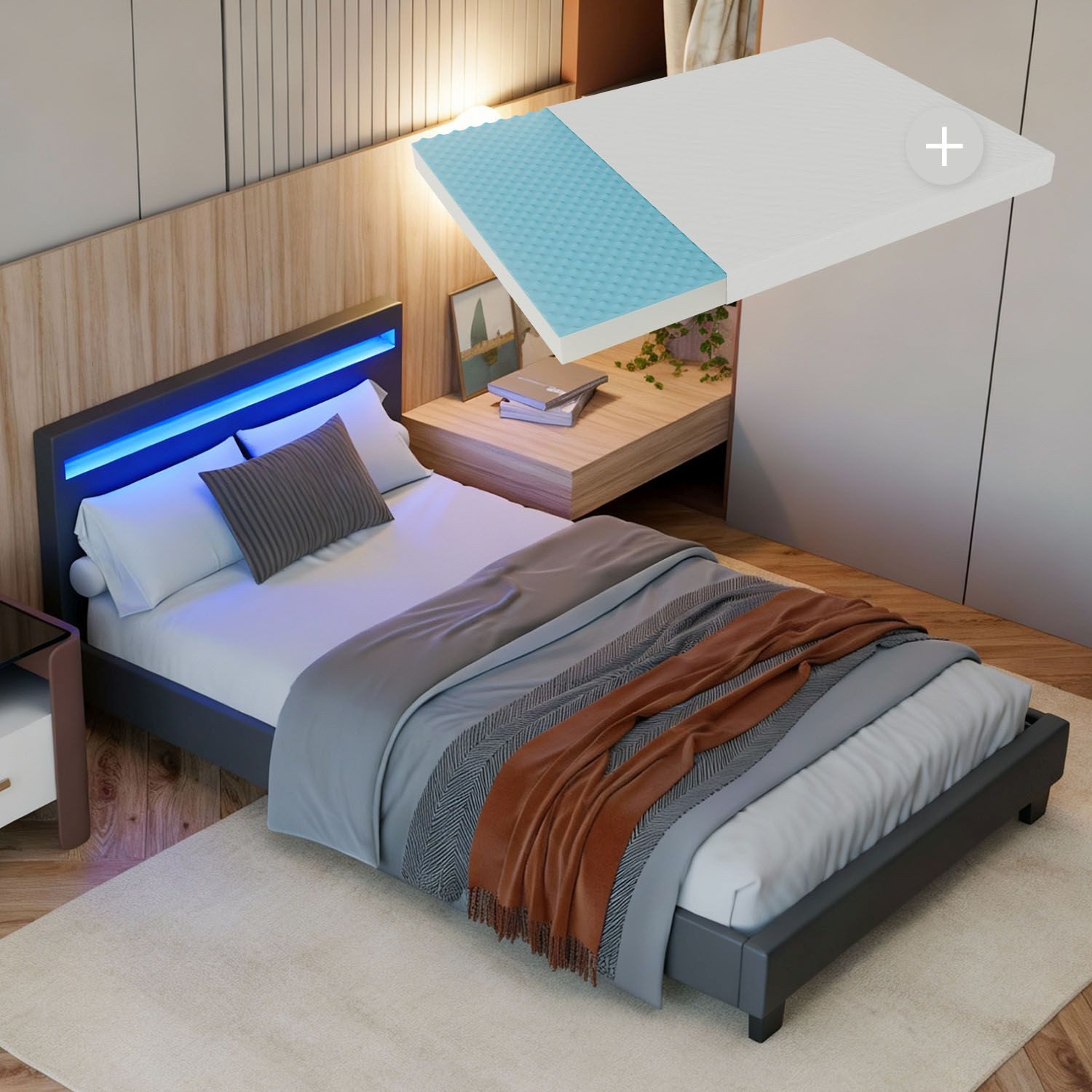 Juskys Polsterbett Paris, 120x200 cm, LED-Licht, weiches Kopfteil, inkl. Kaltschaummatratze