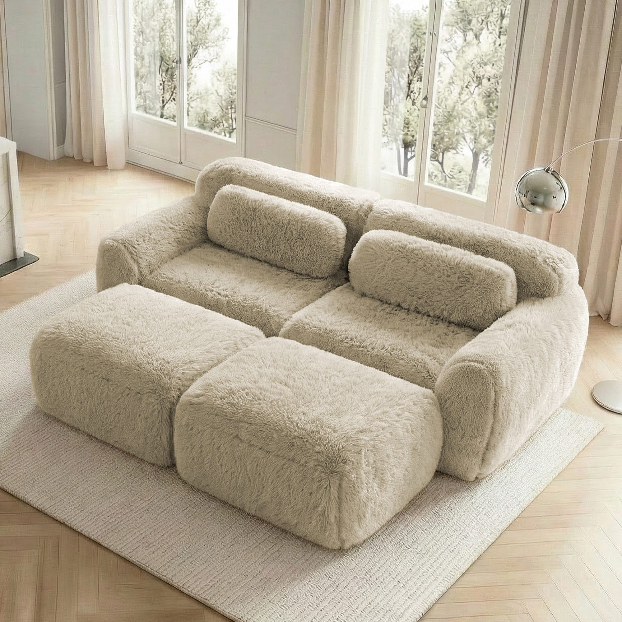 Sweiko Sofa Knochenlose Cloud Zweisitzer-Sofas, mit 2 Ottomans, Flauschplüsch-Stoff, Montagefrei, für Wohnzimmer