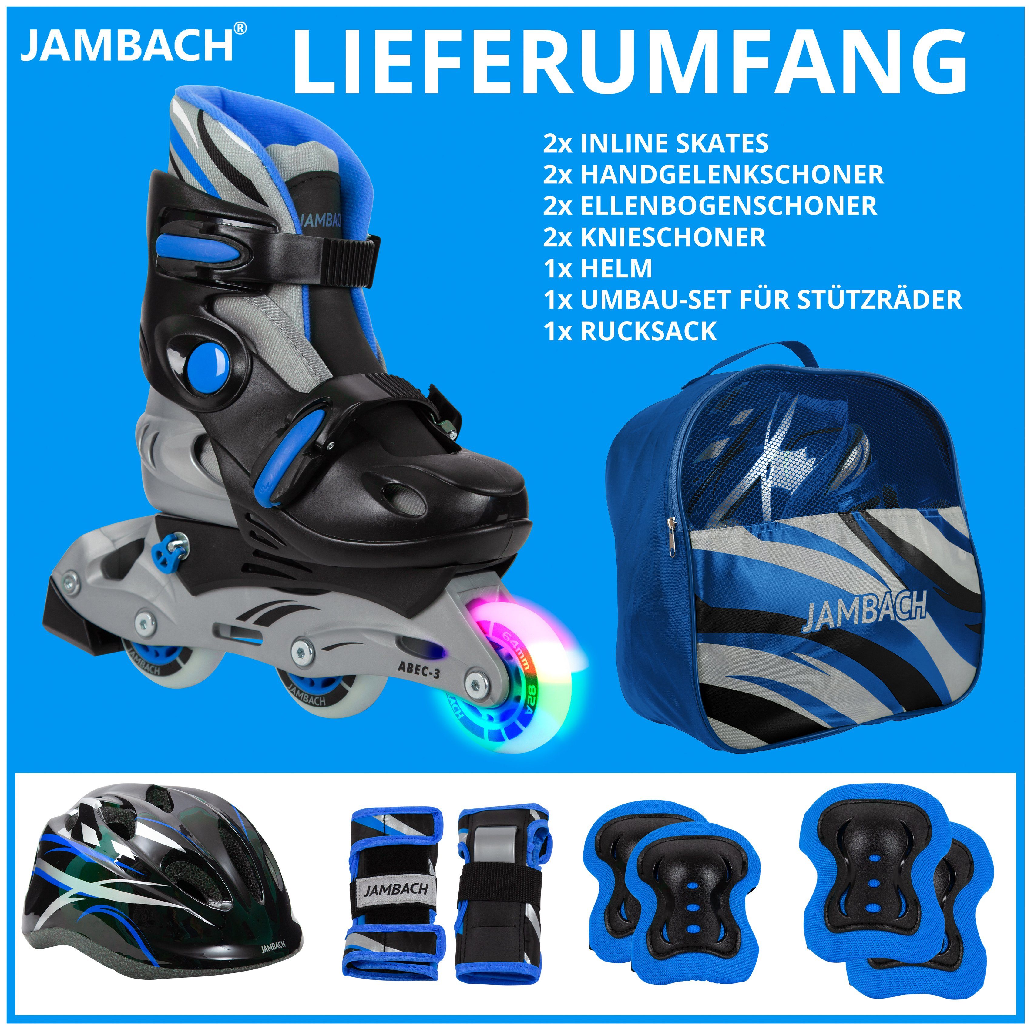 JAMBACH Inlineskates, Rolle Inliner, blau Set Größe Rucksack), (Set, verstellbare Helm, Protektoren, Einsteiger blinkende