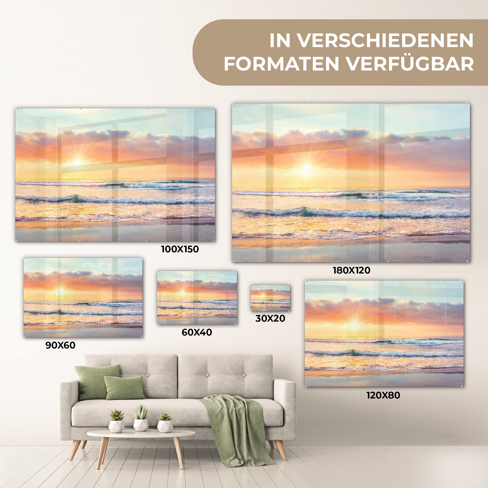 MuchoWow Acrylglasbild Wellen - St), Schlafzimmer Wohnzimmer Sonnenuntergang - Ozean, & Acrylglasbilder (1