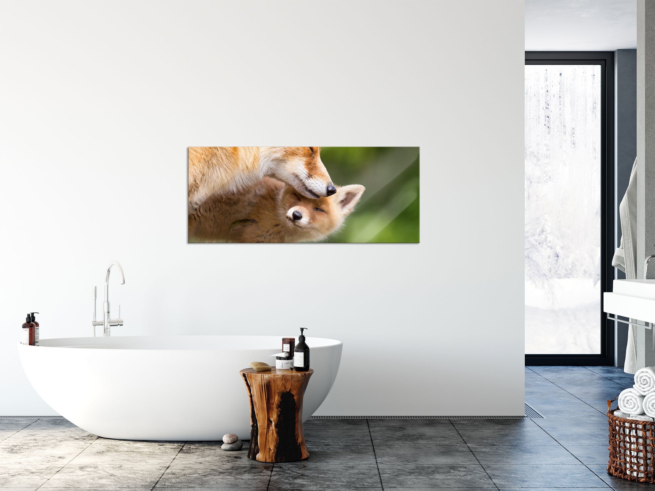 Pixxprint Glasbild und Füchse Füchse, Glasbild (1 Echtglas, Kuschelnde inkl. aus Abstandshalter Aufhängungen St), Kuschelnde