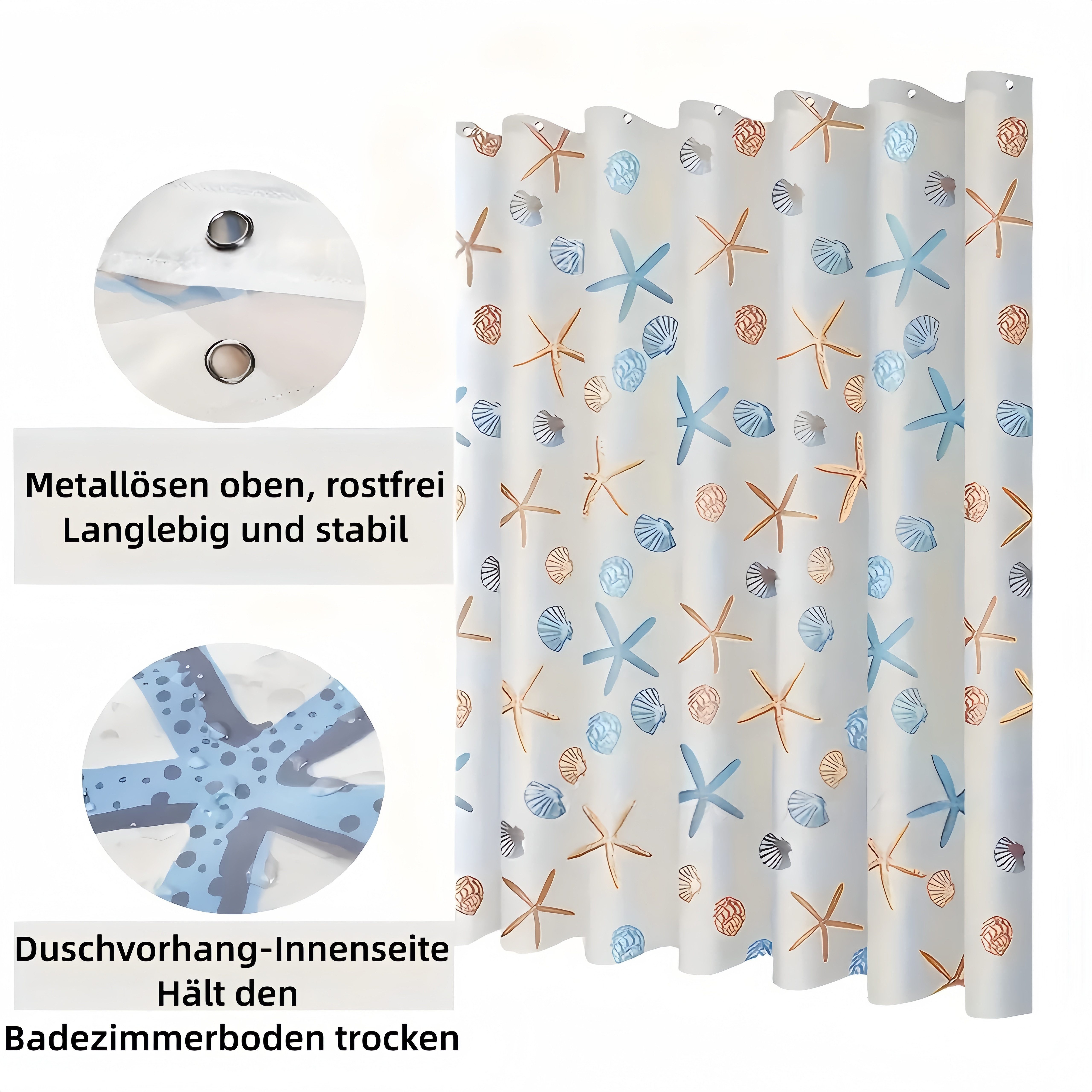 FOUORTUNATE-BEE Duschvorhang Wasserdichter Duschvorhang mit Seestern-Motiv für das Bad Breite 180 cm, Inklusive Ringe, pflegeleichter Vorhang für Dusche und Badewanne