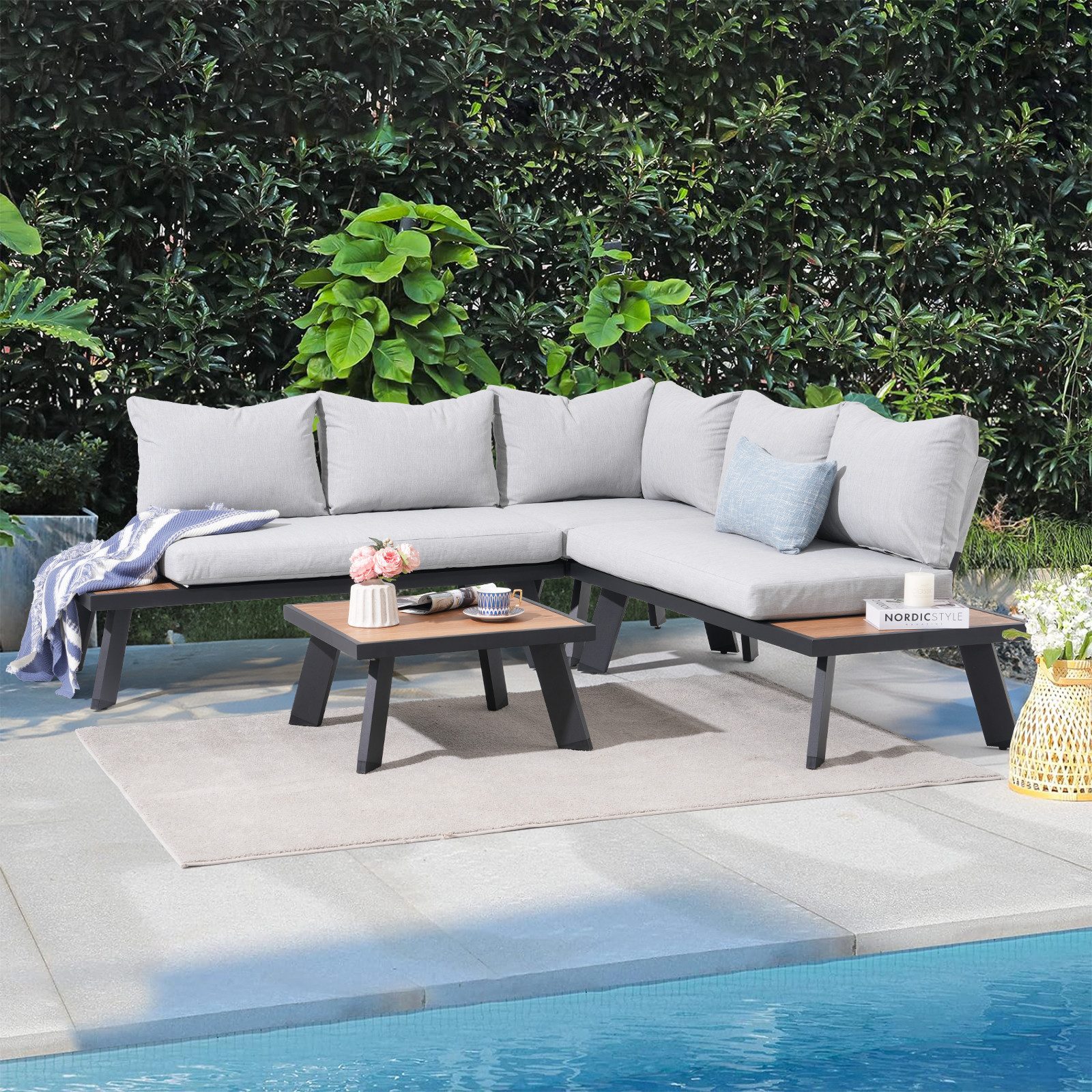 JOIVI Gartenlounge-Set Gartenlounge Set aus Aluminium, Gartensofa Set für 4-5 Personen, (Sitzgruppe mit Couchtisch mit Holzmaserung)