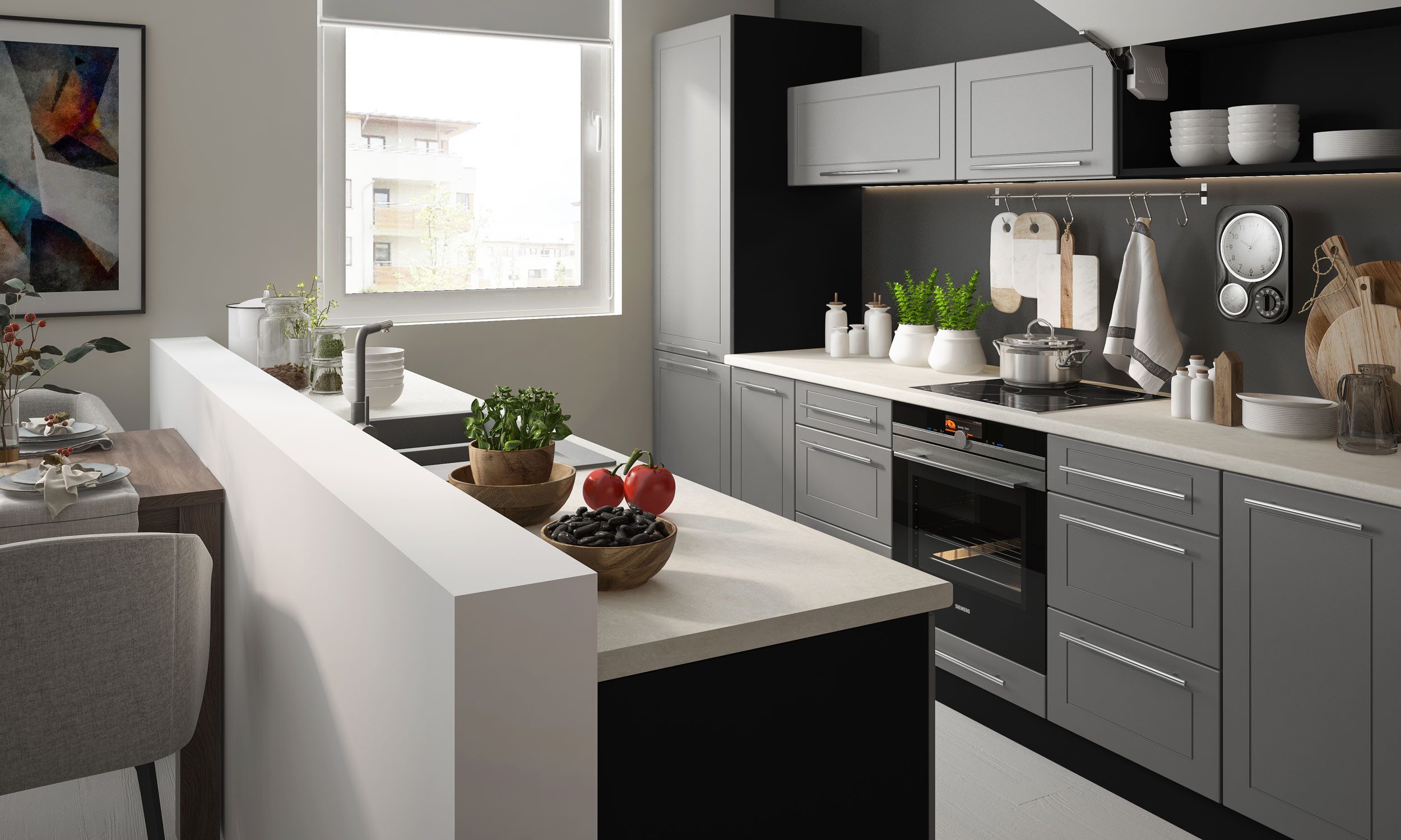 Feldmann-Wohnen Küche Kvantum, (Soft-Close, Blum Aventos Klappenbeschlag, Blum Teilauszug), 300cm schwarz / dust grey matt, 13-teilig