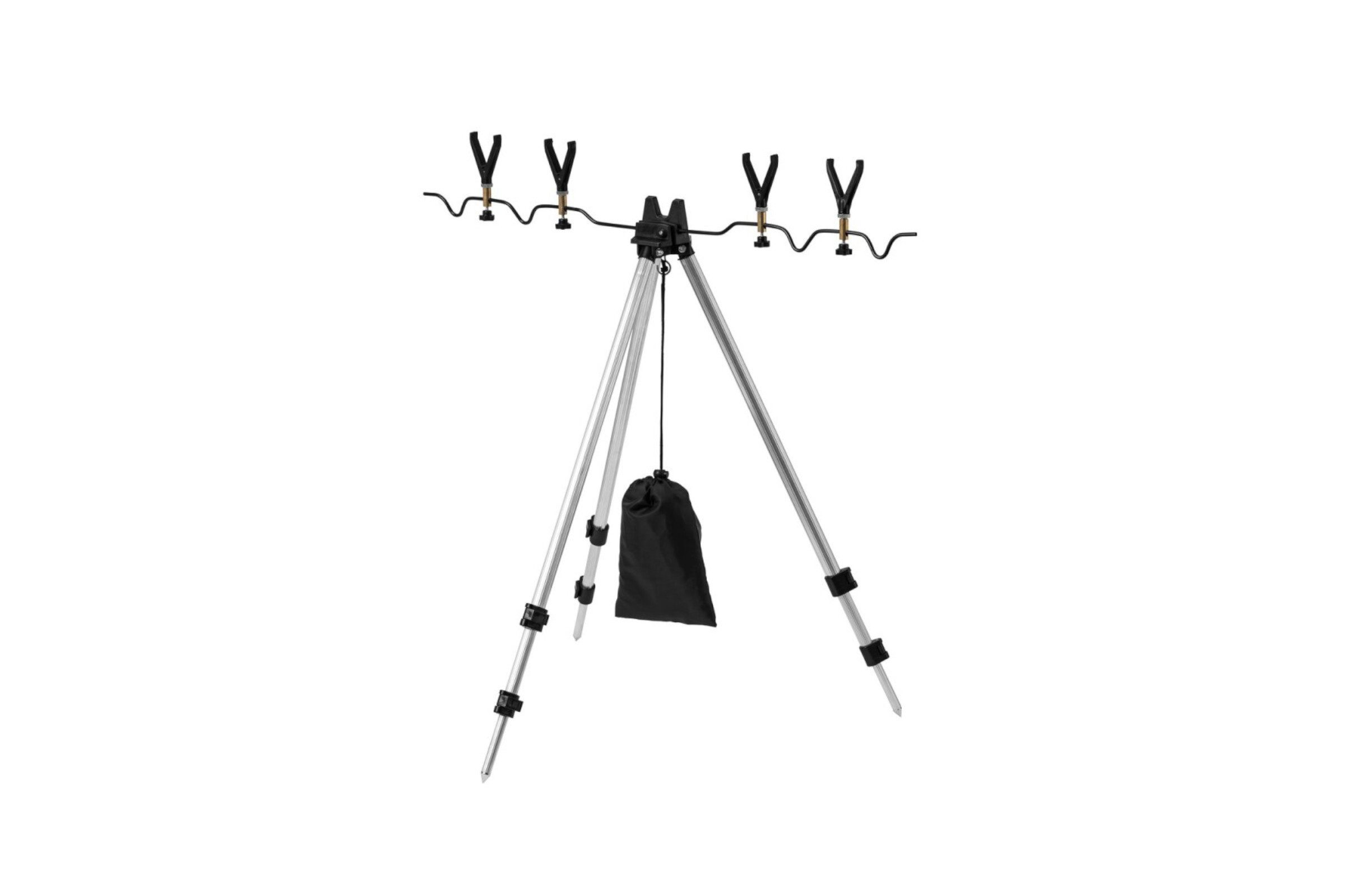 Rocktrail Rutenhalter Rocktrail Teleskoprutenhalter für bis zu 4 Angelruten, (Angelruten-Stativ, 7-teiliges Set mit Tragetasche, Höhenverstellbar; zusammenklappbar; Tarierbeutel; 4 Rutenauflagen)
